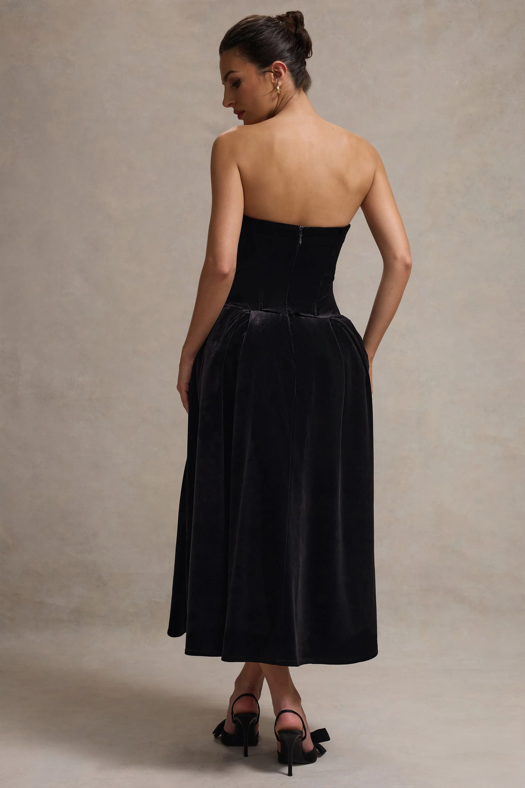 Hepburn | Black Velvet Bandeau Midi Dress With Bow - Image 3