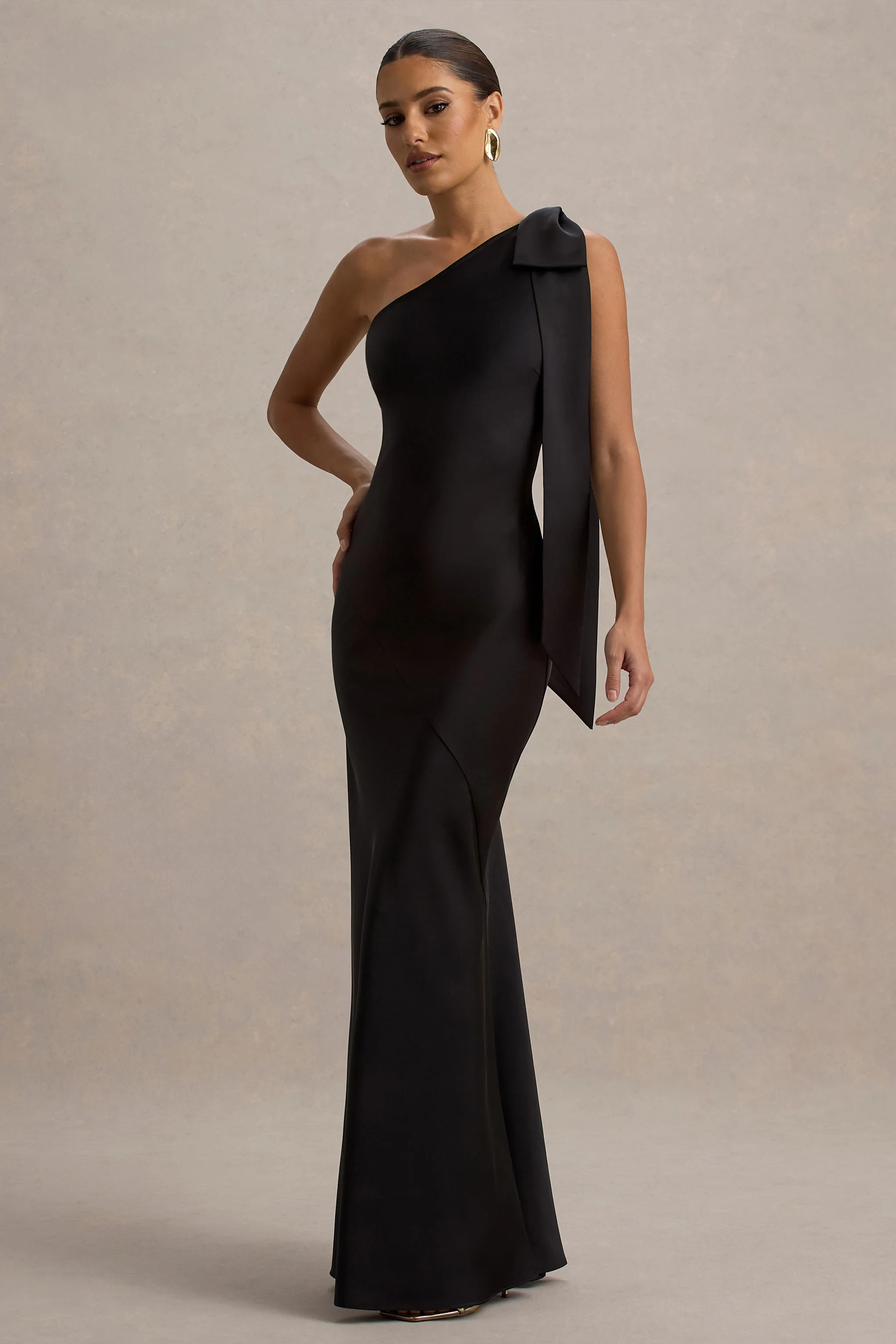 Here For Love | Black Satin Asymmetric Maxi Dress With Bow - Image 4