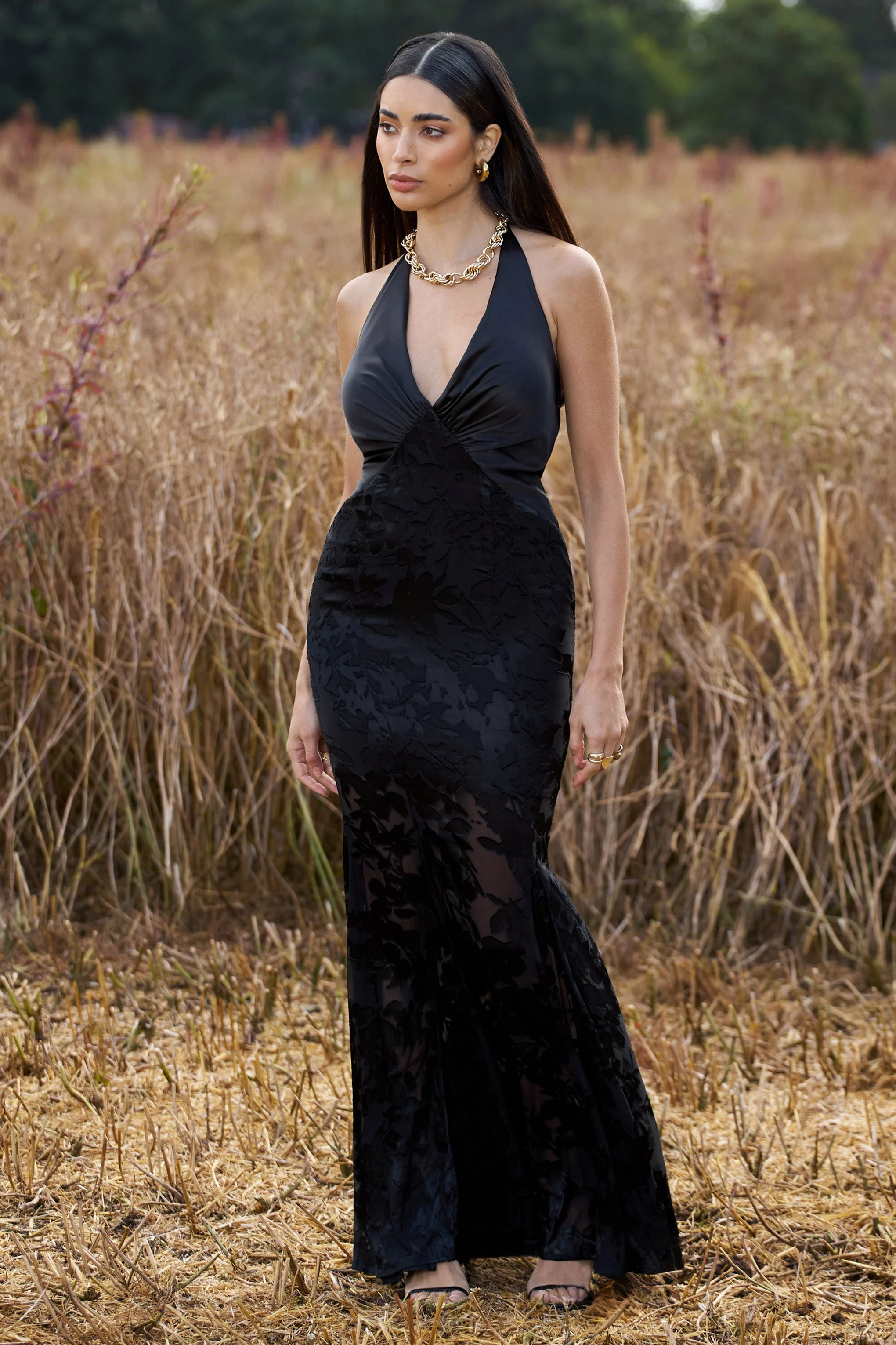 Sunset Tales | Black Satin Devore Plunge-Neck Maxi Dress - Image 7