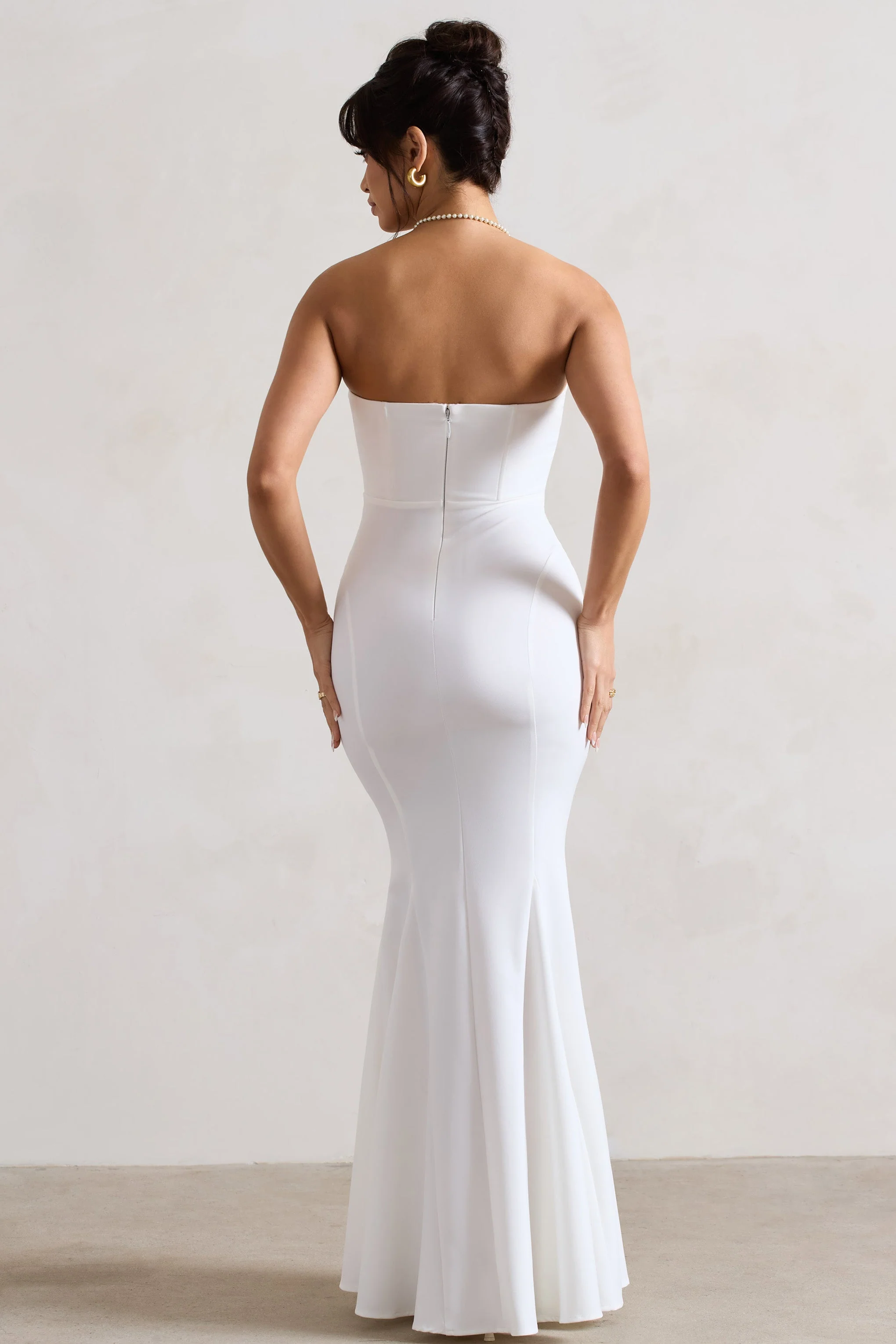 Idyllic | Cream Strapless Corset Style Fishtail Maxi Dress - Image 2