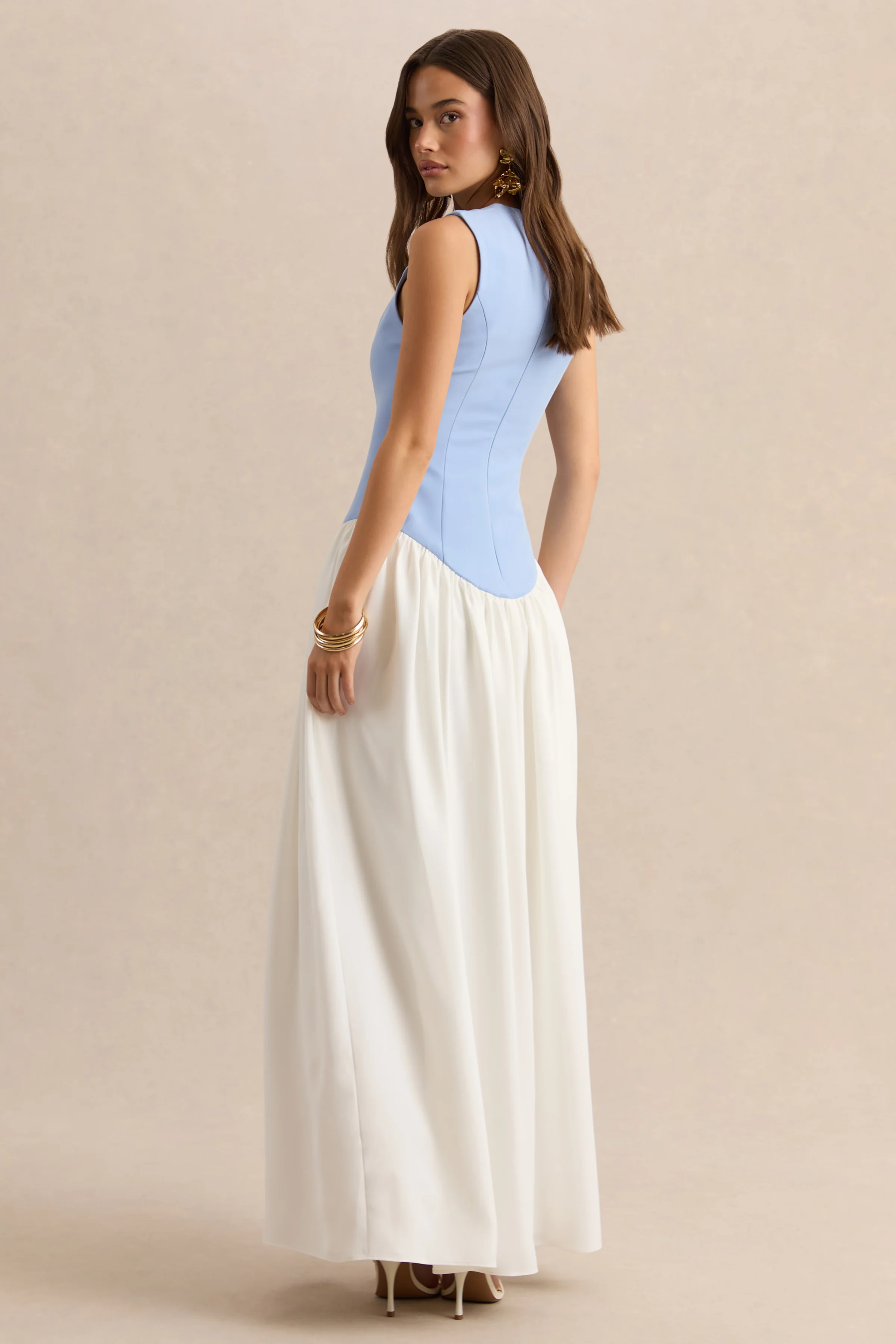 Iliana | Powder Blue And White Crew-Neck Maxi Dress With Drop-Waist And Pleated Skirt - Image 2