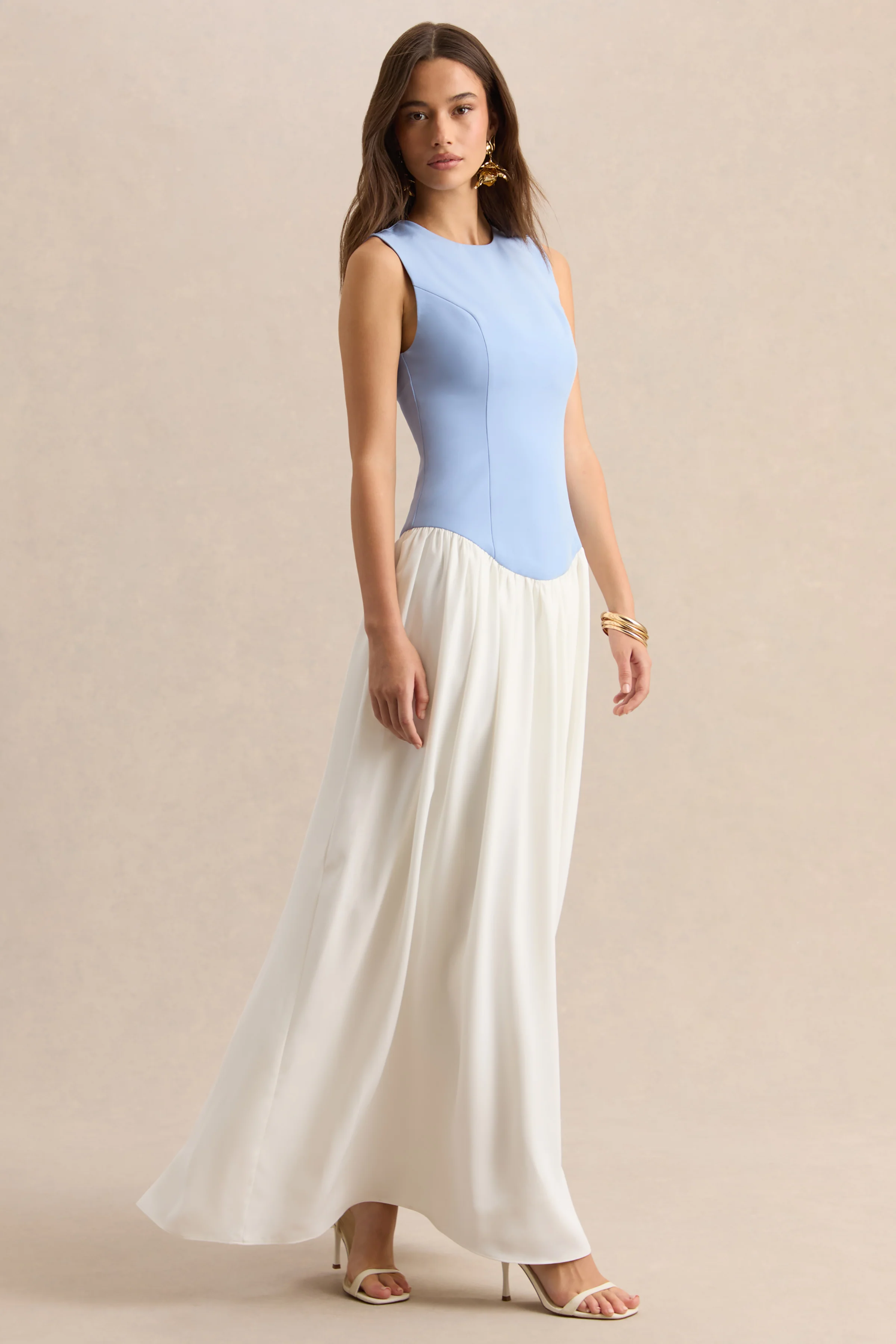 Iliana | Powder Blue And White Crew-Neck Maxi Dress With Drop-Waist And Pleated Skirt - Image 4