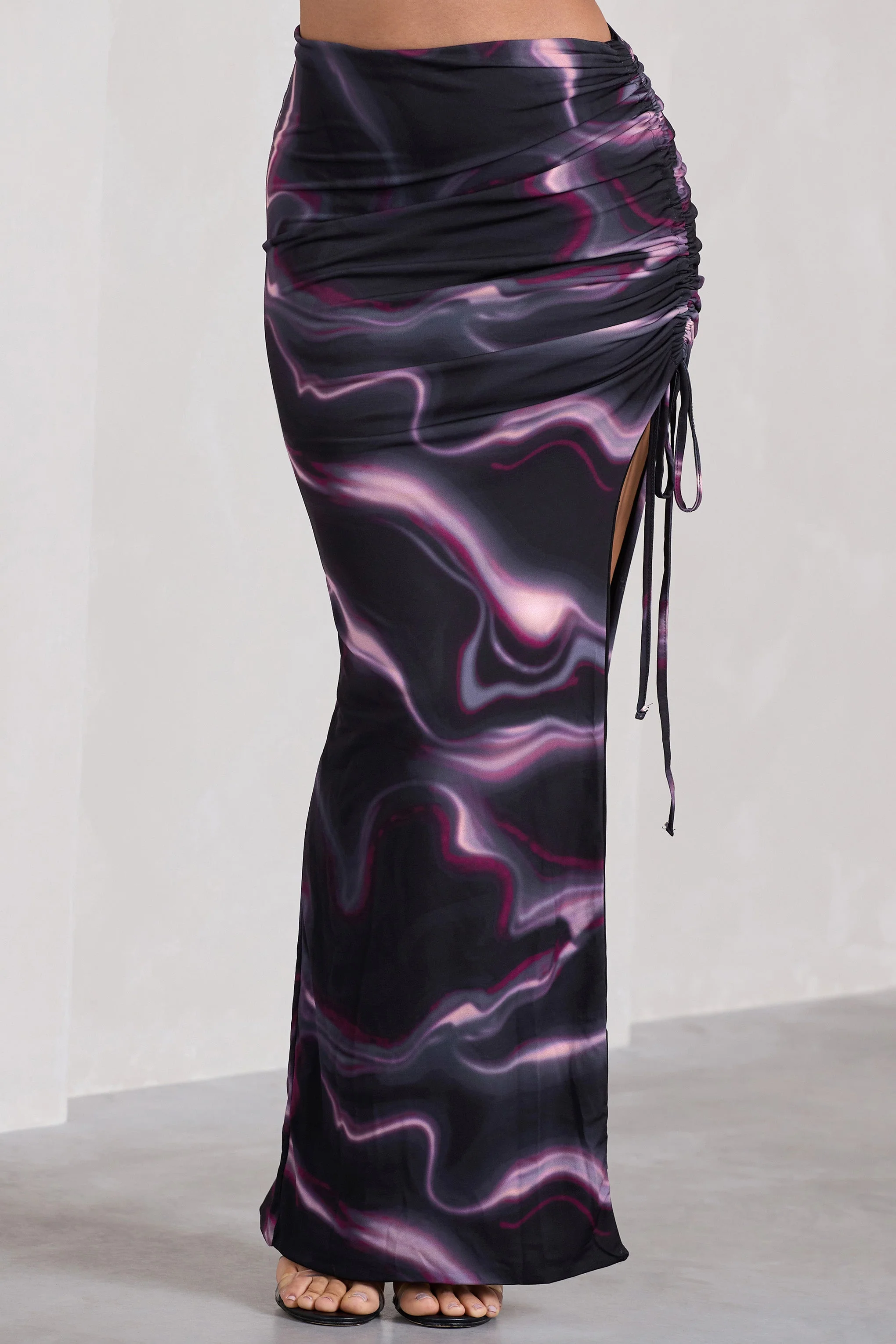 In The Air | Black Printed Ruched Asymmetric High-Waisted Maxi Skirt - Image 2