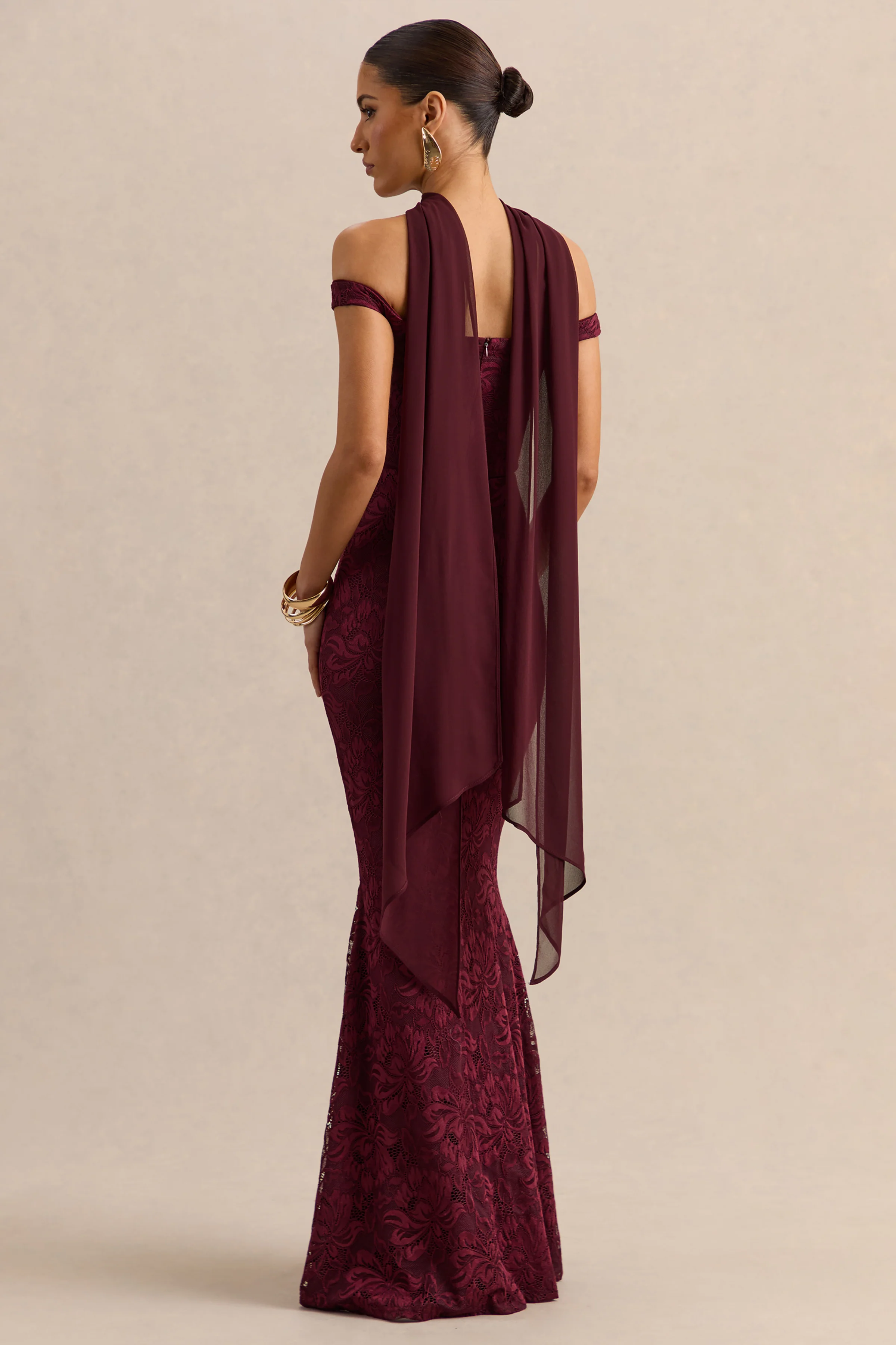 Iselle | Burgundy Lace Bardot-Neck Maxi Dress With Scarf-Detail - Image 2