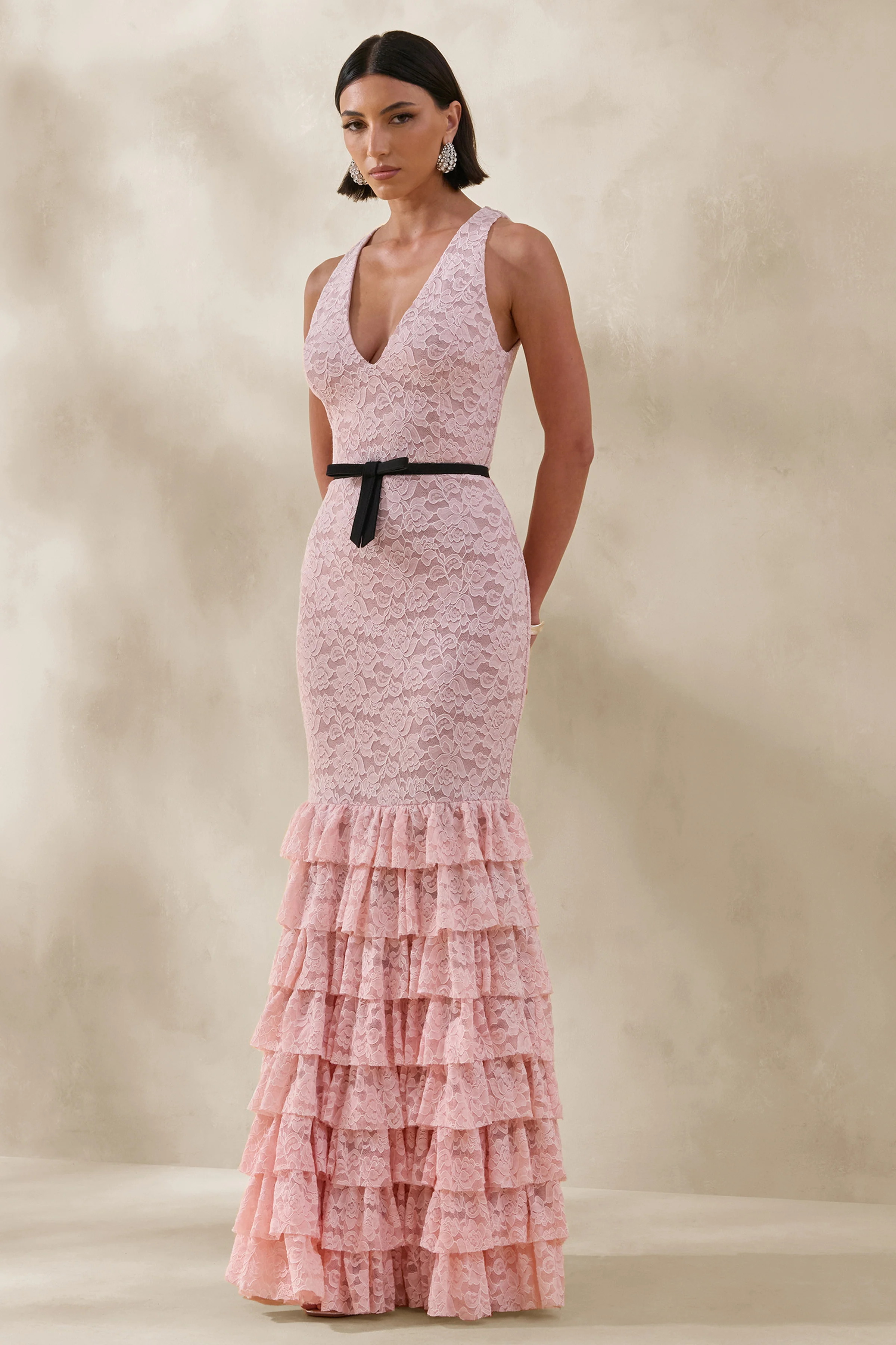 Isoria | Pink And Black Lace Halter-Neck Maxi Dress With Bow-Belt Detail - Image 4