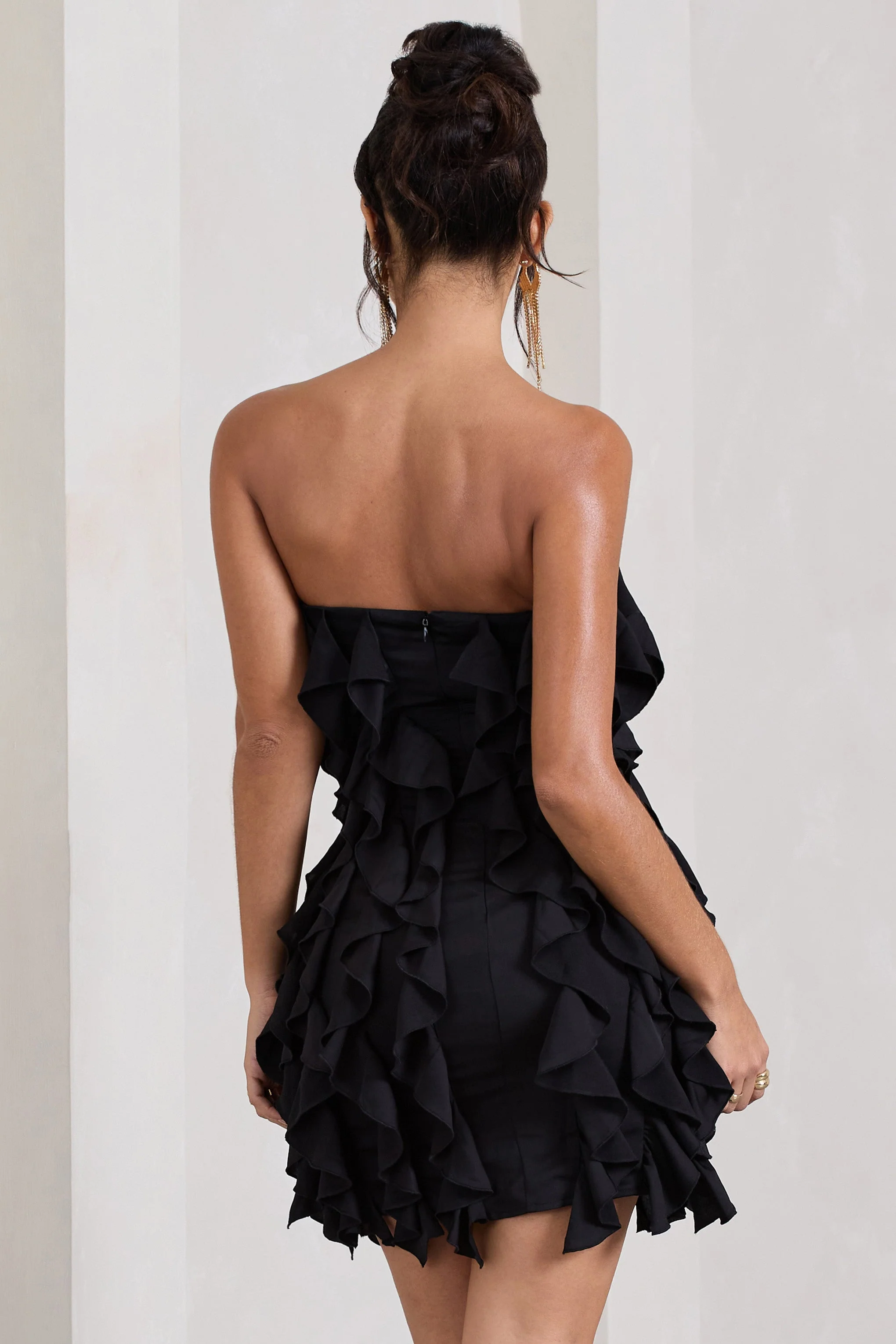 It Girl | Black Bandeau Bodycon Mini Dress With Ruffles - Image 2