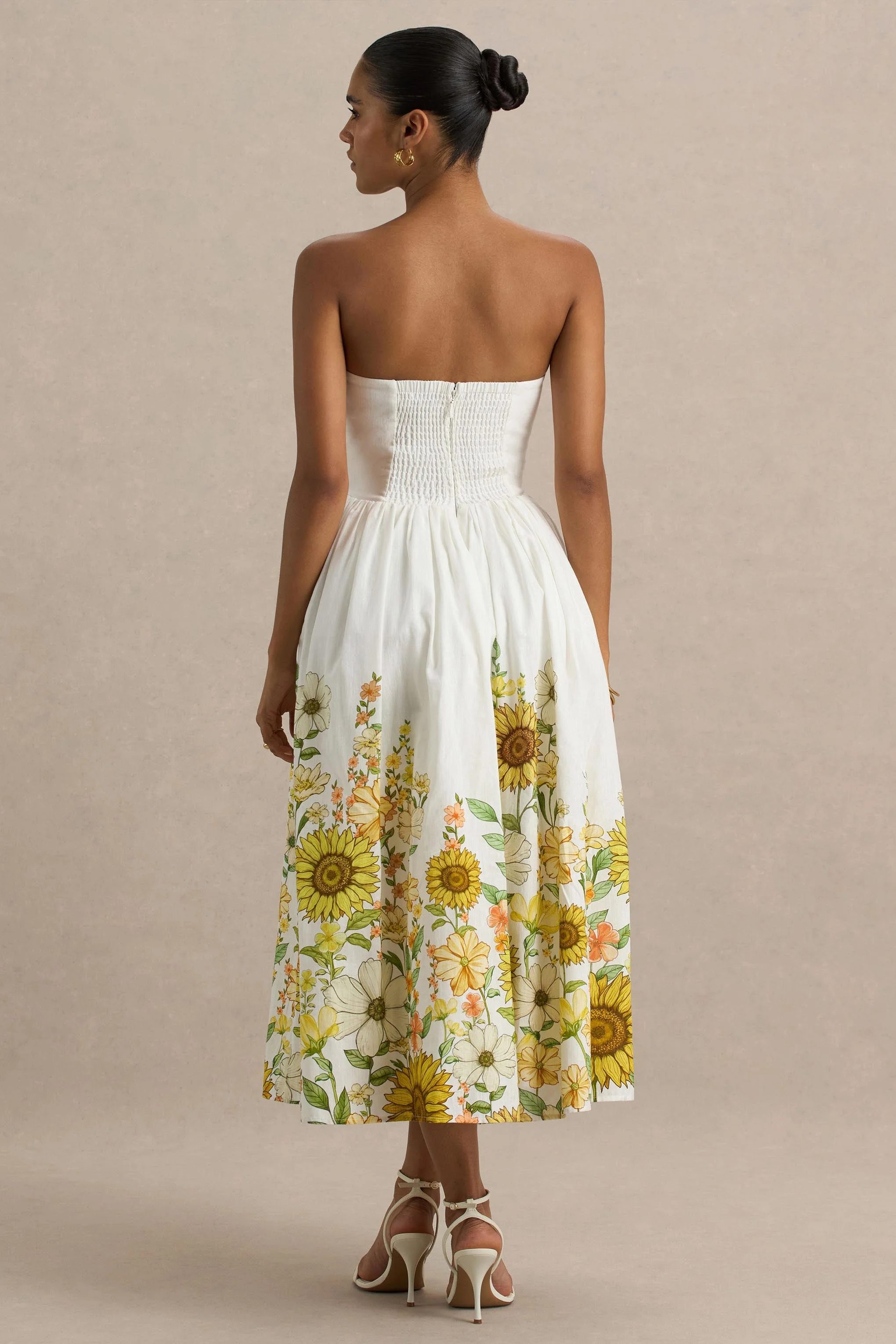 Ivory | Sunflower Print Bandeau High-Low Midi Dress - Image 2