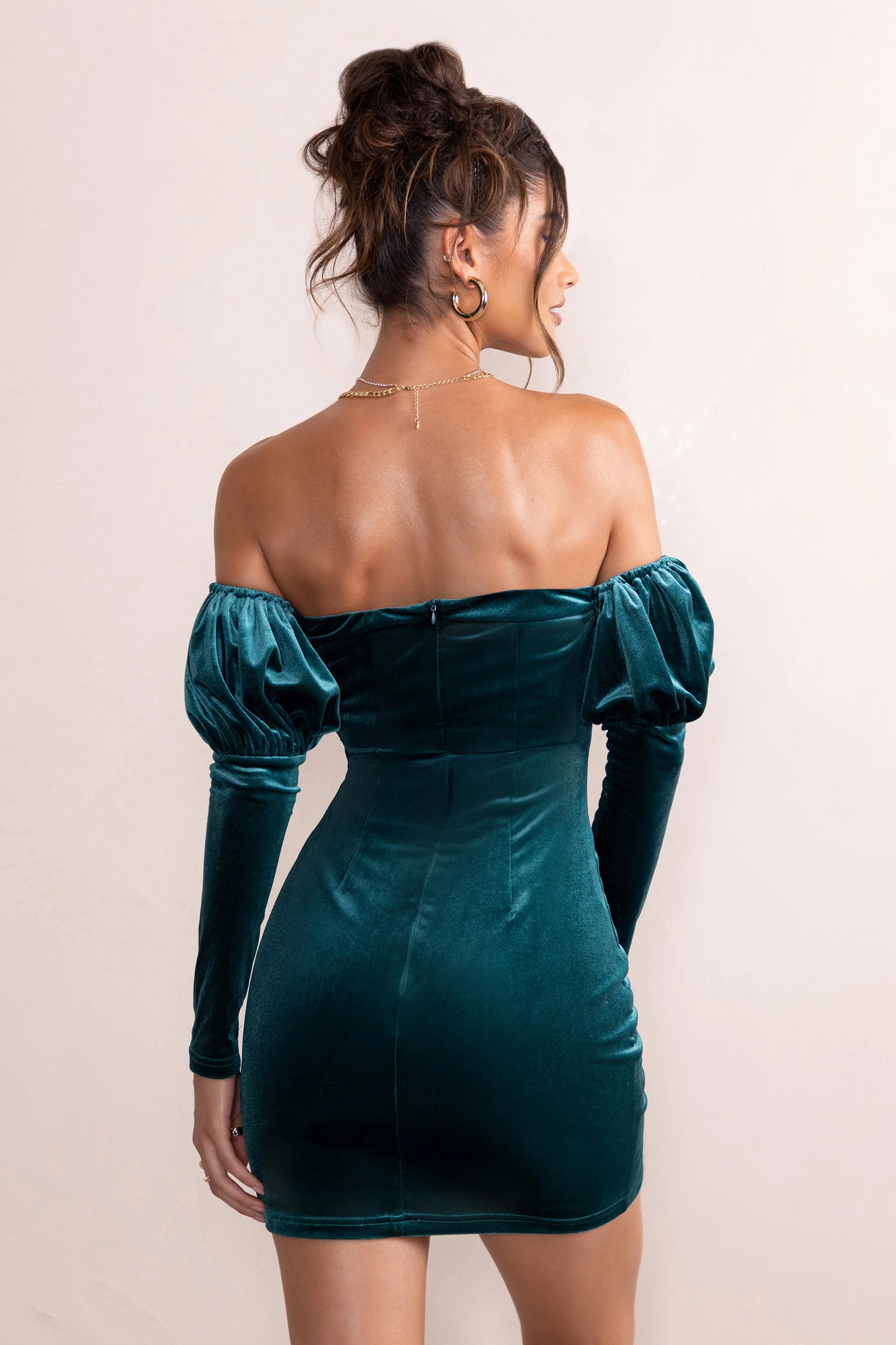 Ivy | Teal Velvet Cut Out Mini Dress With Ruffle Sleeves - Image 2