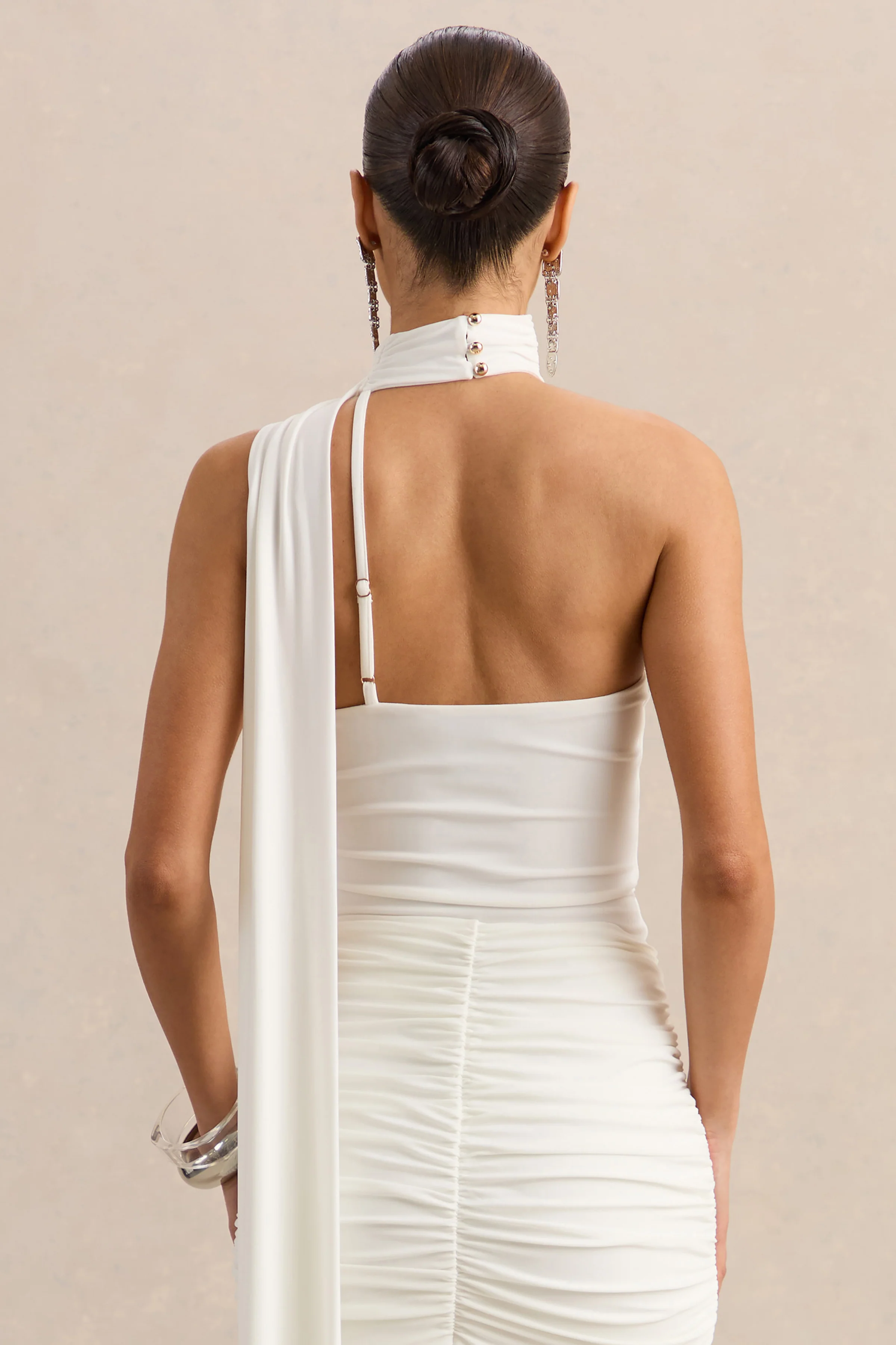 Jisella | White Asymmetric-Neck Bodysuit With Scarf - Image 2