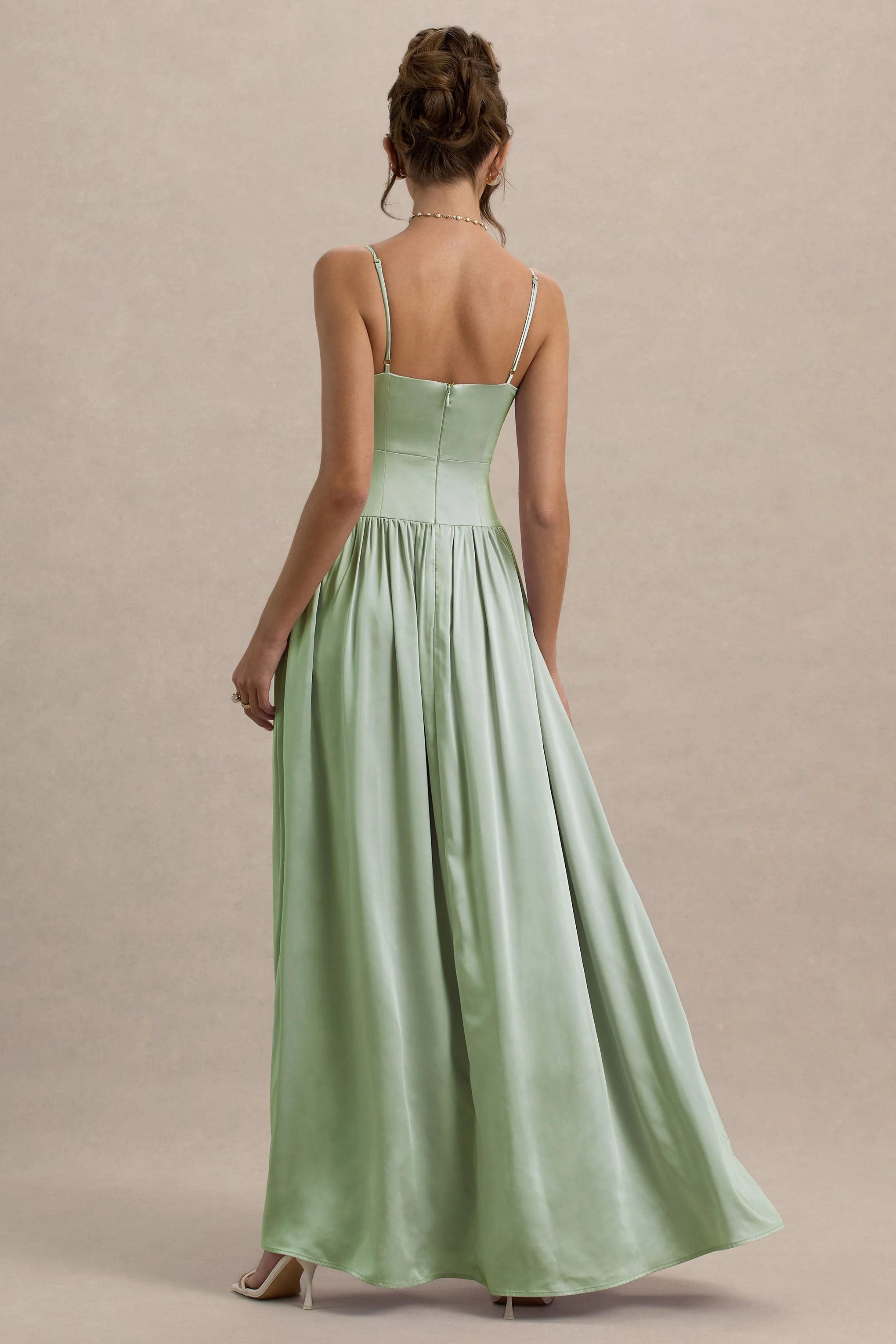 Jonas | Light Green Plunge-Neck Maxi Dress With Cami Straps - Image 2