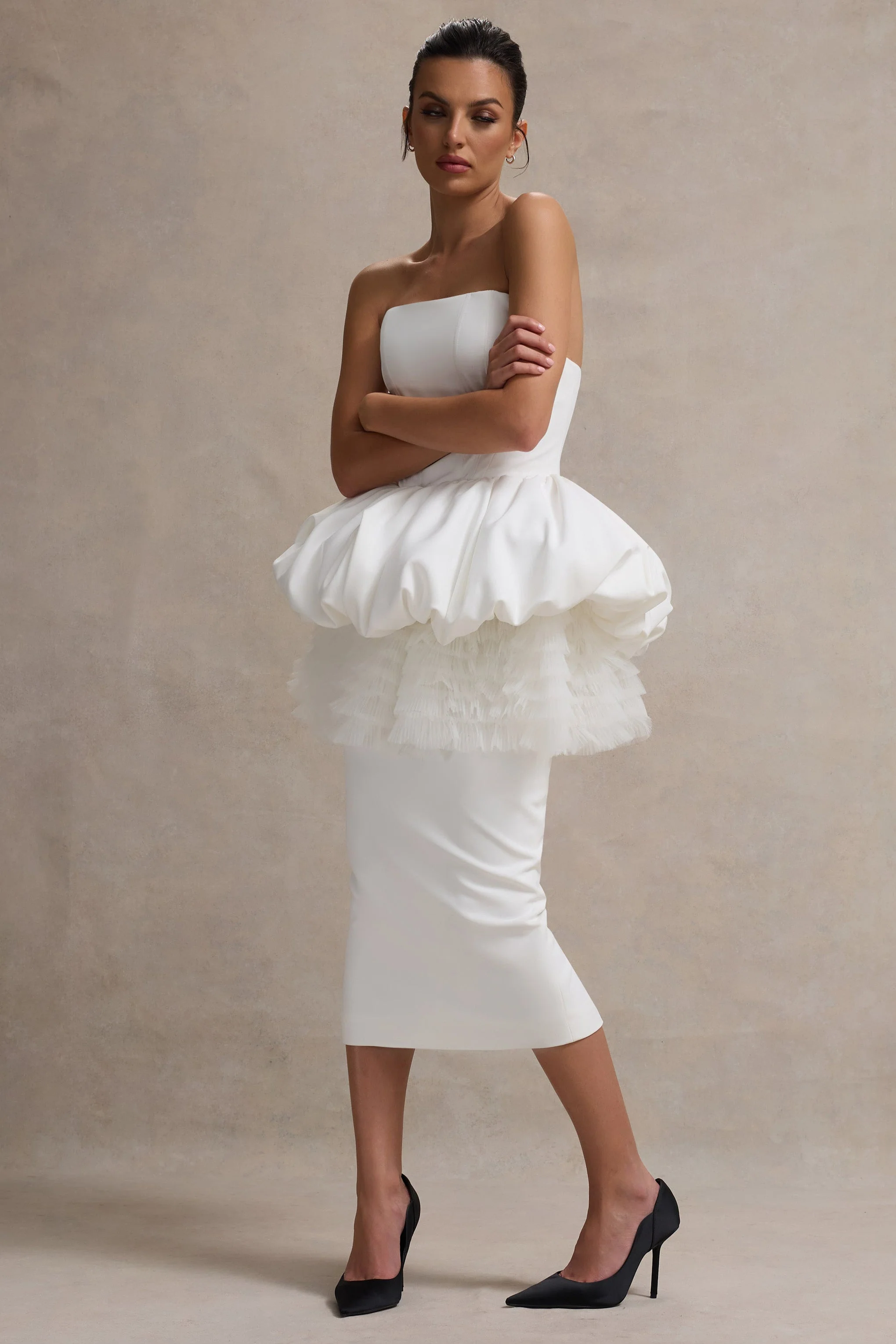 Jones | White Strapless Midi Dress With Tulle Peplum Waist - Image 6