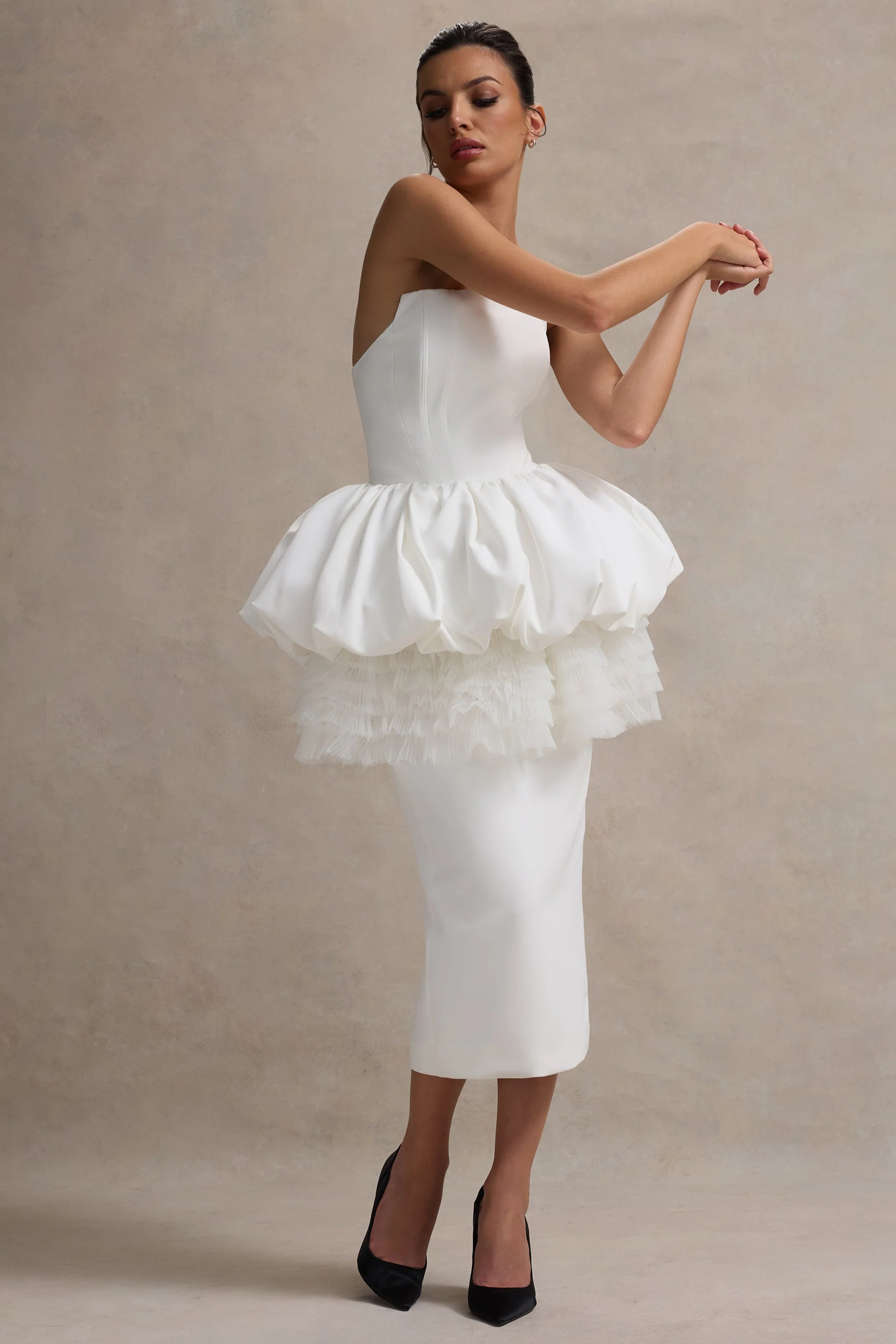 Jones | White Strapless Midi Dress With Tulle Peplum Waist - Image 7