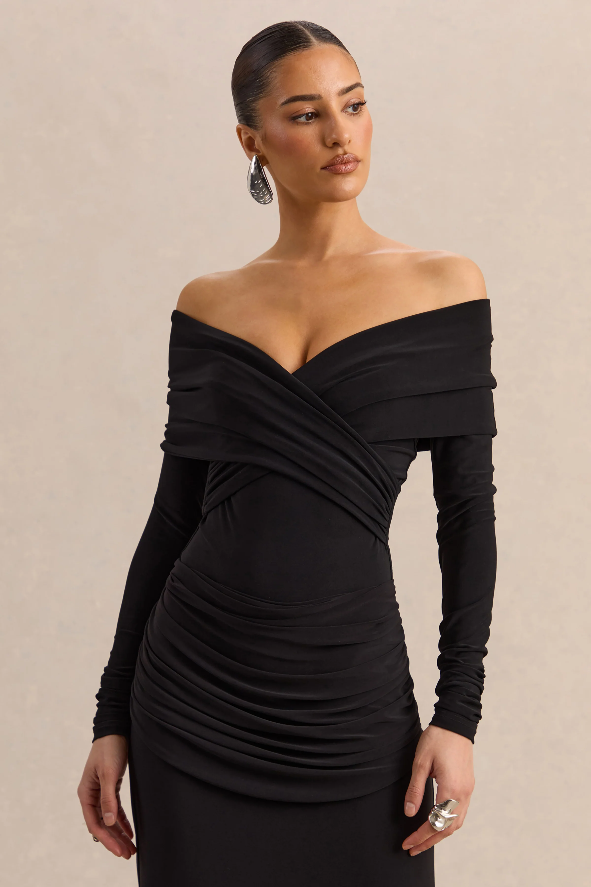 Kaelis | Black Bardot-Neck Bodysuit With Long-Sleeves