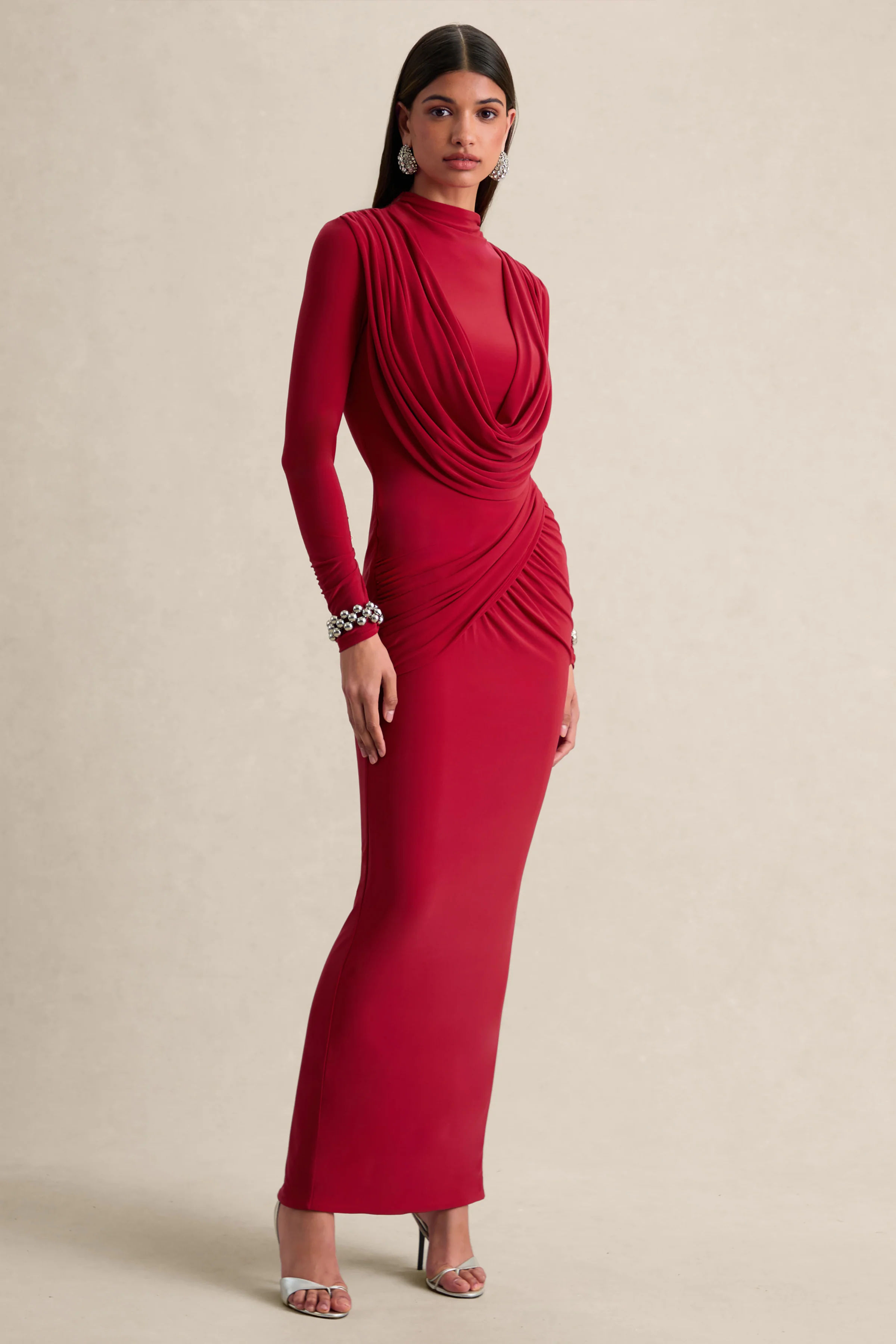 Karinthia | Red High-Neck Maxi Dress With Draped-Detailing - Image 4