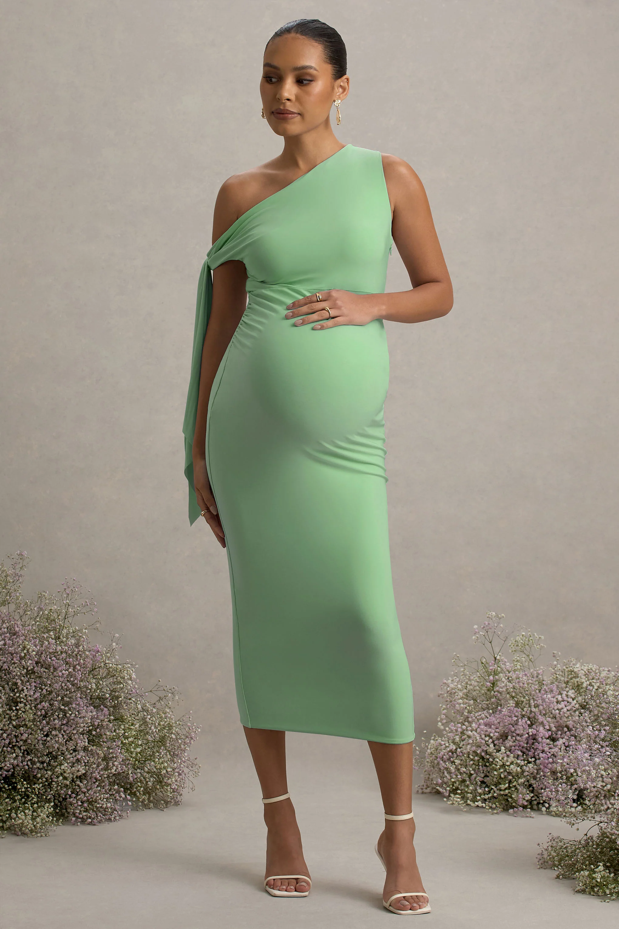 Katarine | Light Green Asymmetric Knot Maternity Midi Dress - Image 5
