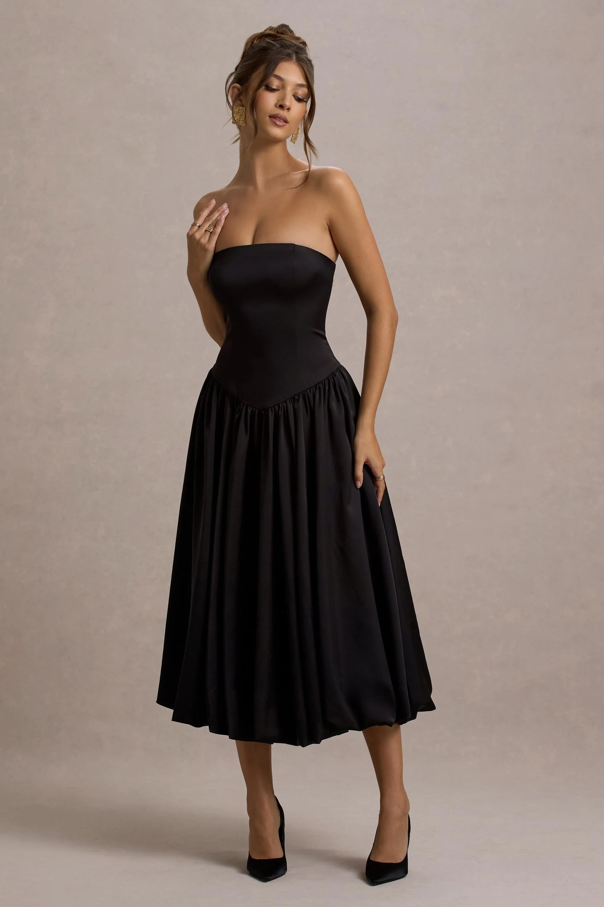 Keyton | Black Satin Bandeau Midi Dress - Image 4