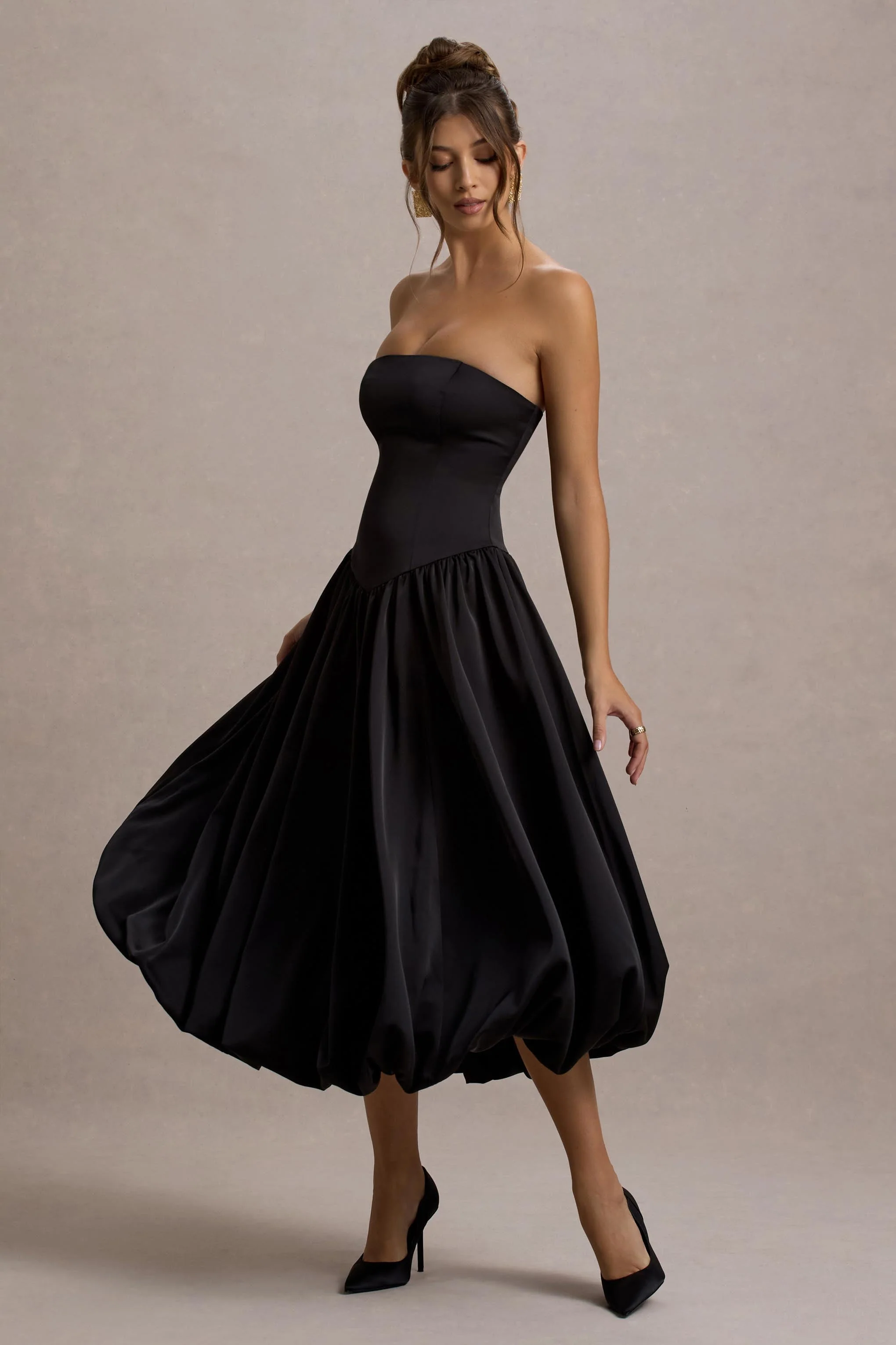 Keyton | Black Satin Bandeau Midi Dress - Image 5