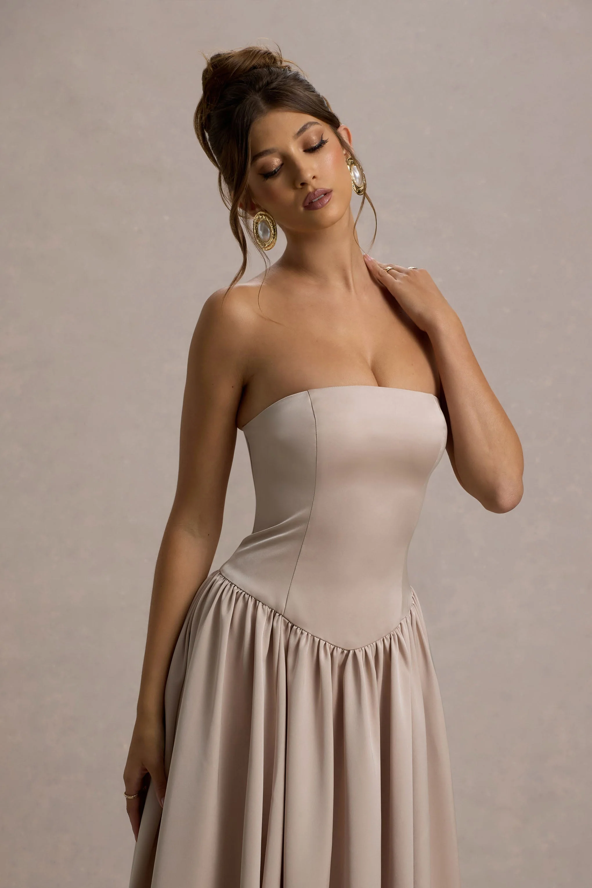 Keyton | Champagne Satin Bandeau Midi Dress - Image 3