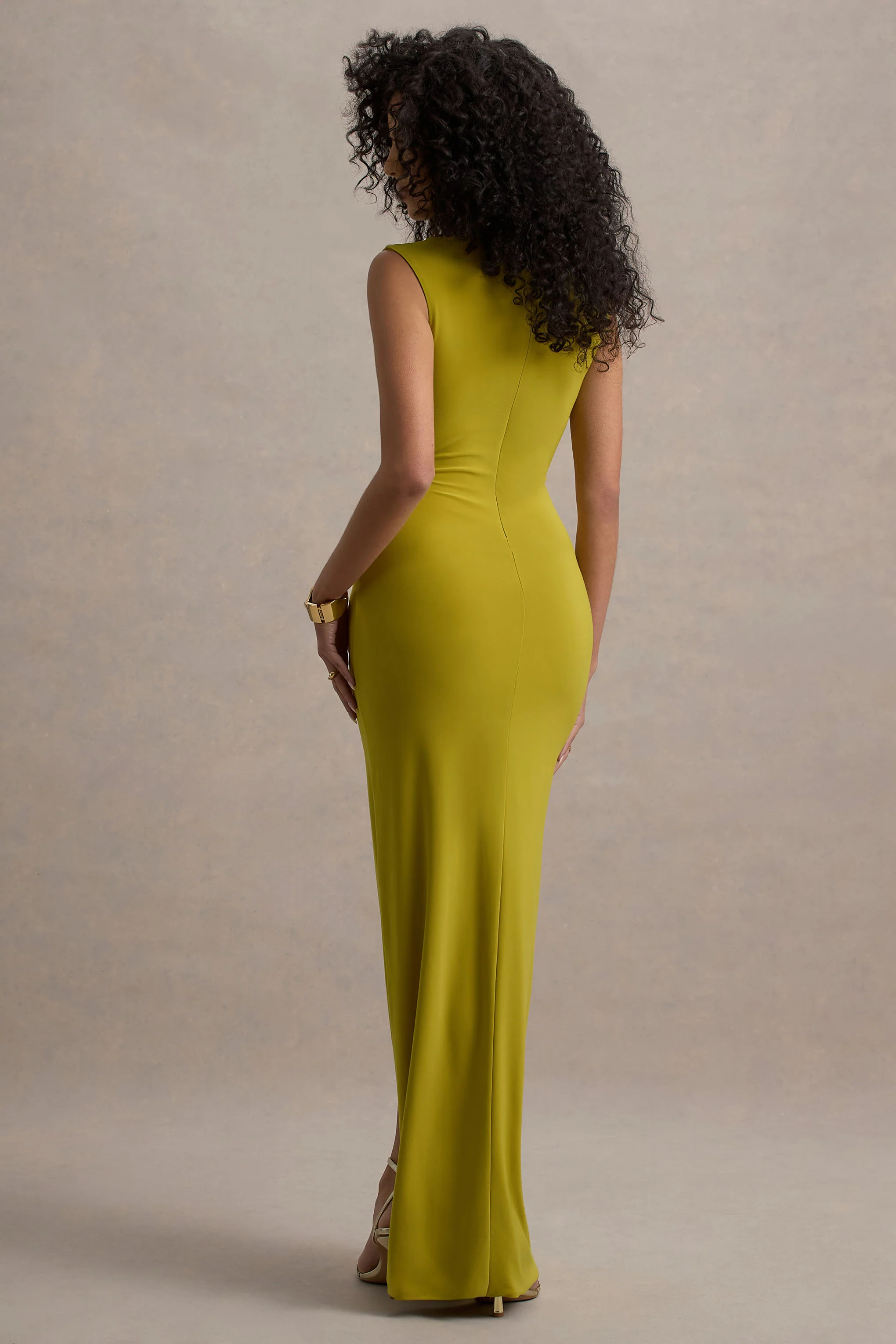 Lanetta | Green Ruched High-Neck Maxi Dress With Split - Image 2