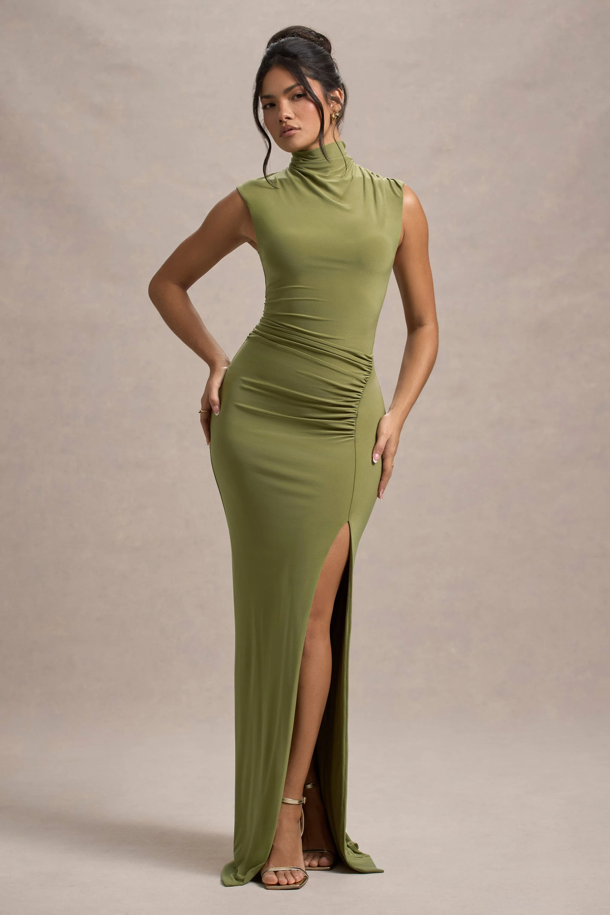 Lanetta | Olive Ruched High-Neck Maxi Dress With Split - Image 3