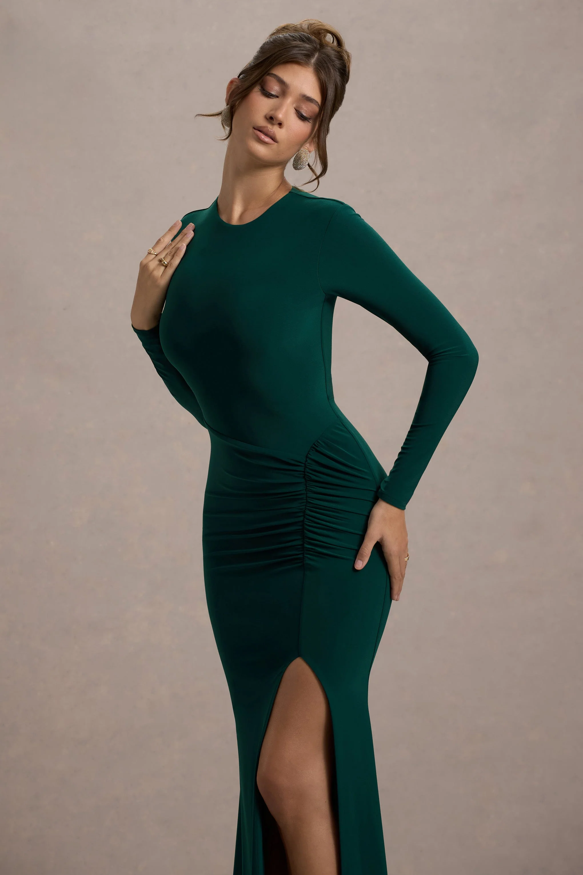 Leslie | Bottle Green Long-Sleeve Twisted Split Maxi Dress - Image 3