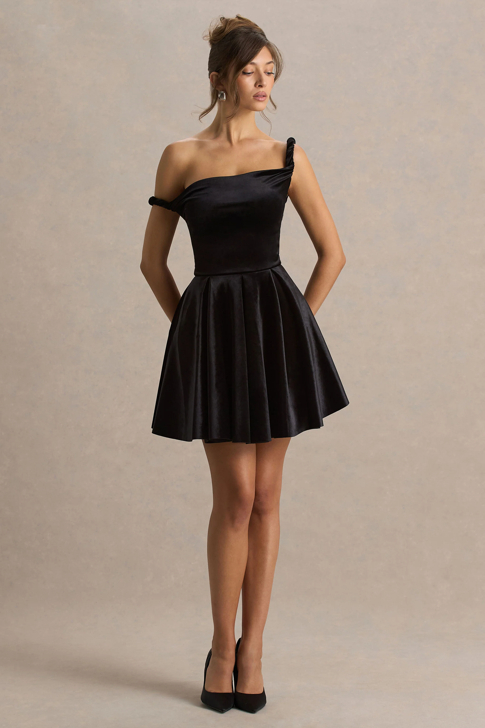 Leticia | Black Asymmetric-Neck Velvet Mini Dress With Twist-Sleeve - Image 4