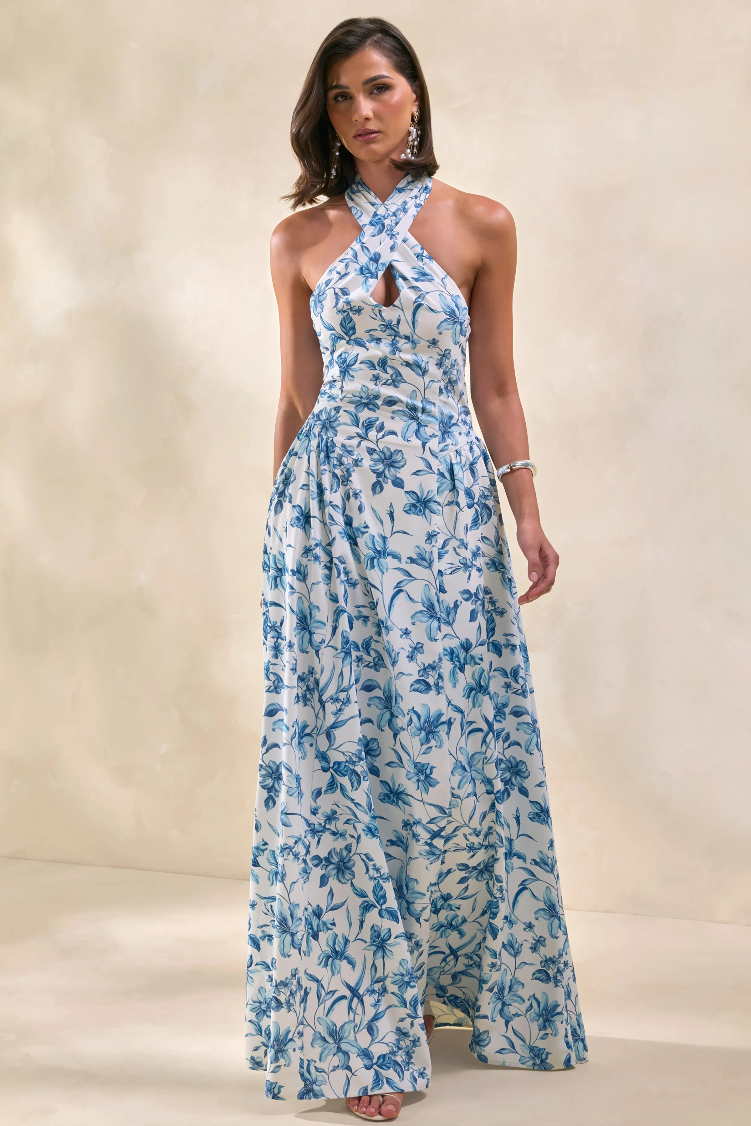 Liana | Blue Porcelain Print Halter-Neck Maxi Dress - Image 5