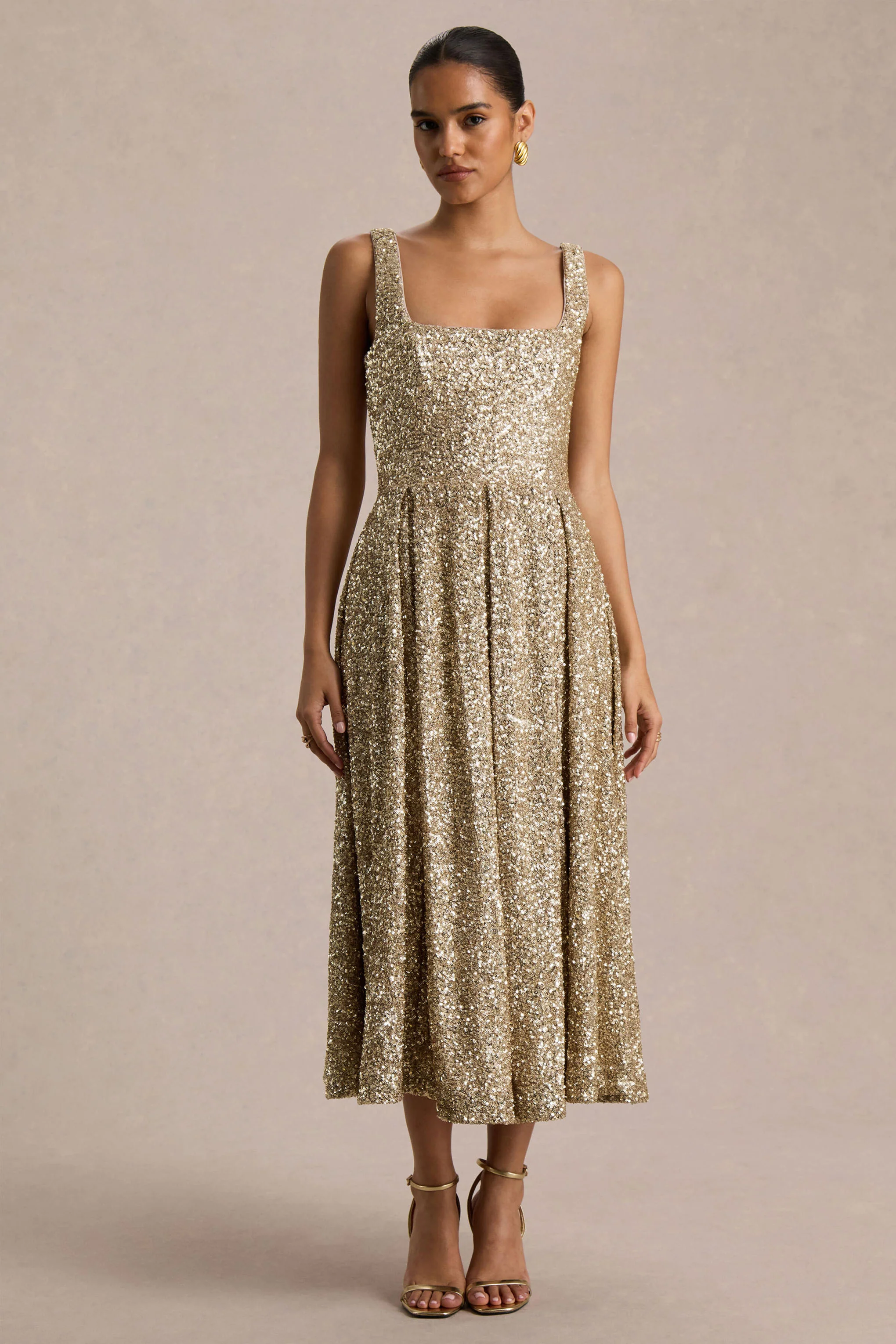 Lima | Champagne Sequin Square-Neck A-Line Midi Dress - Image 4