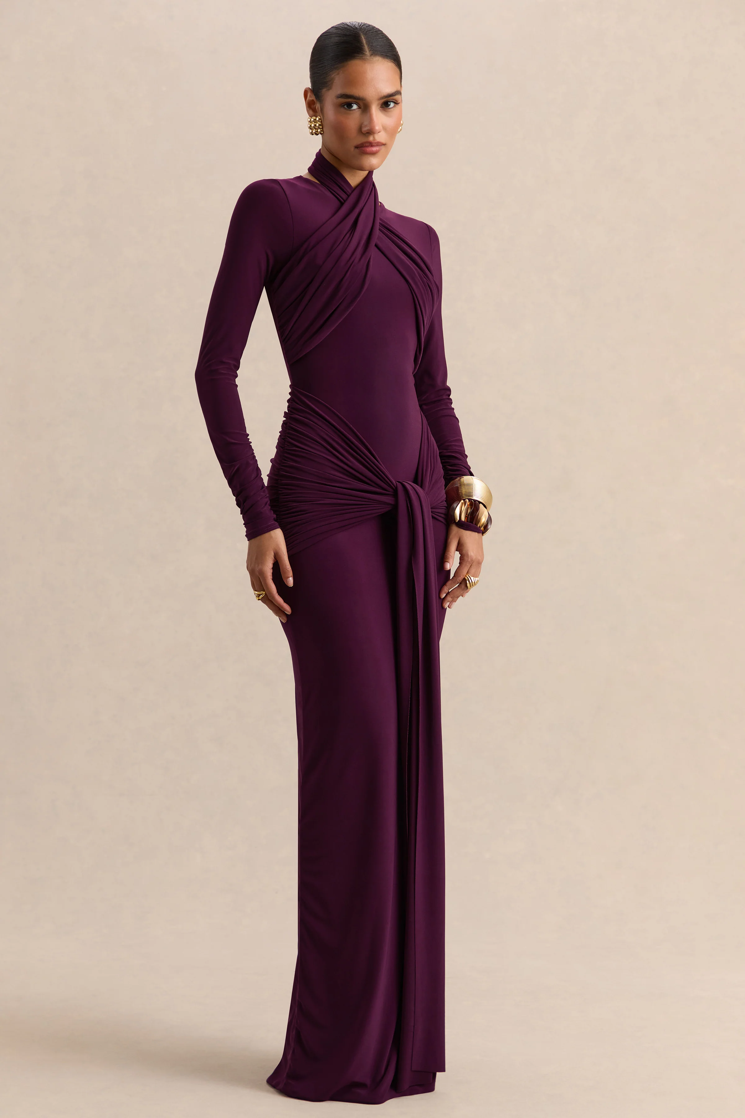 Linessa | Dark Plum High-Neck Maxi Dress With Sash And Gathered-Detailing - Image 7