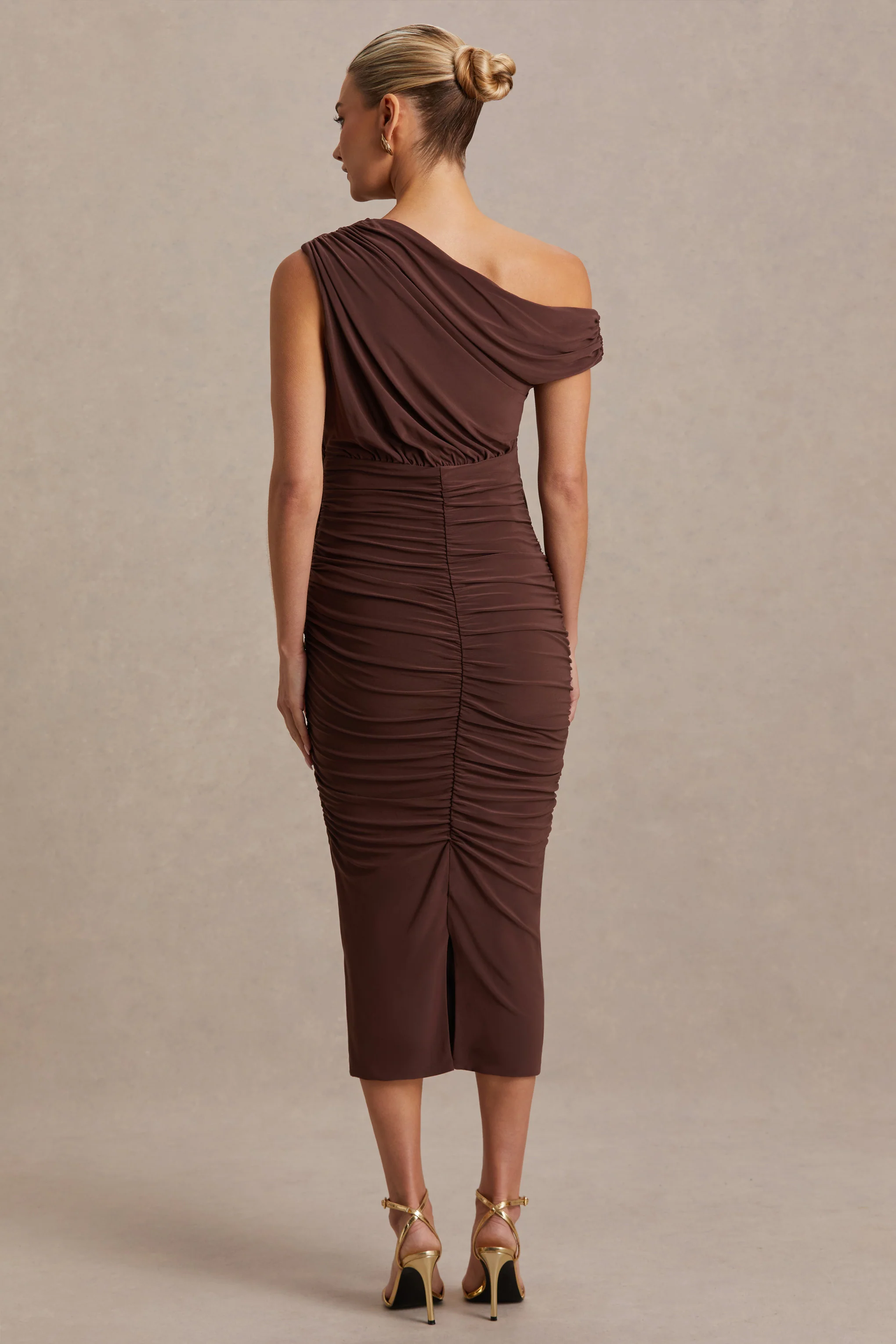 Linnea | Brown Asymmetric-Neck Maternity Midi Dress - Image 2