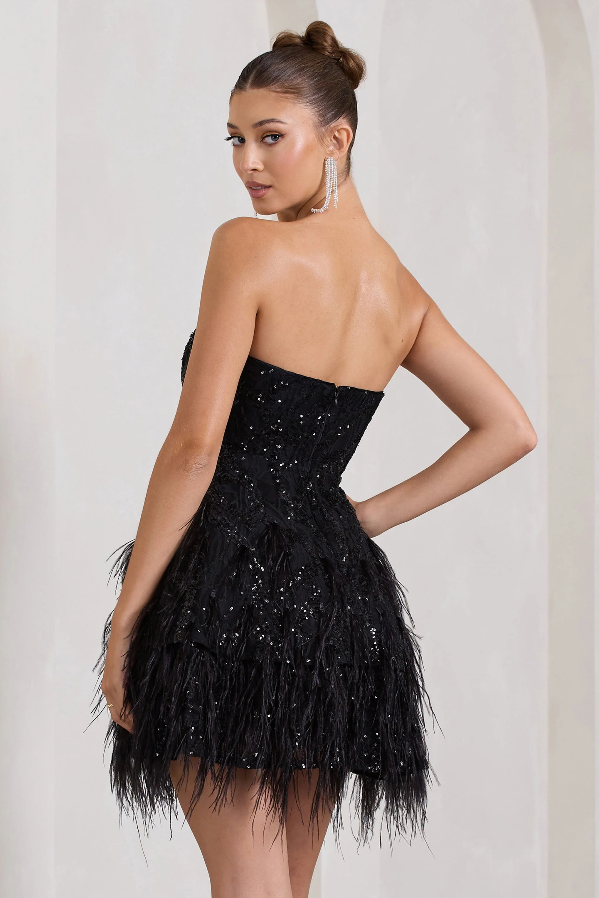 Little Wish | Black Sequin Lace Strapless Mini Dress With Feathers - Image 2