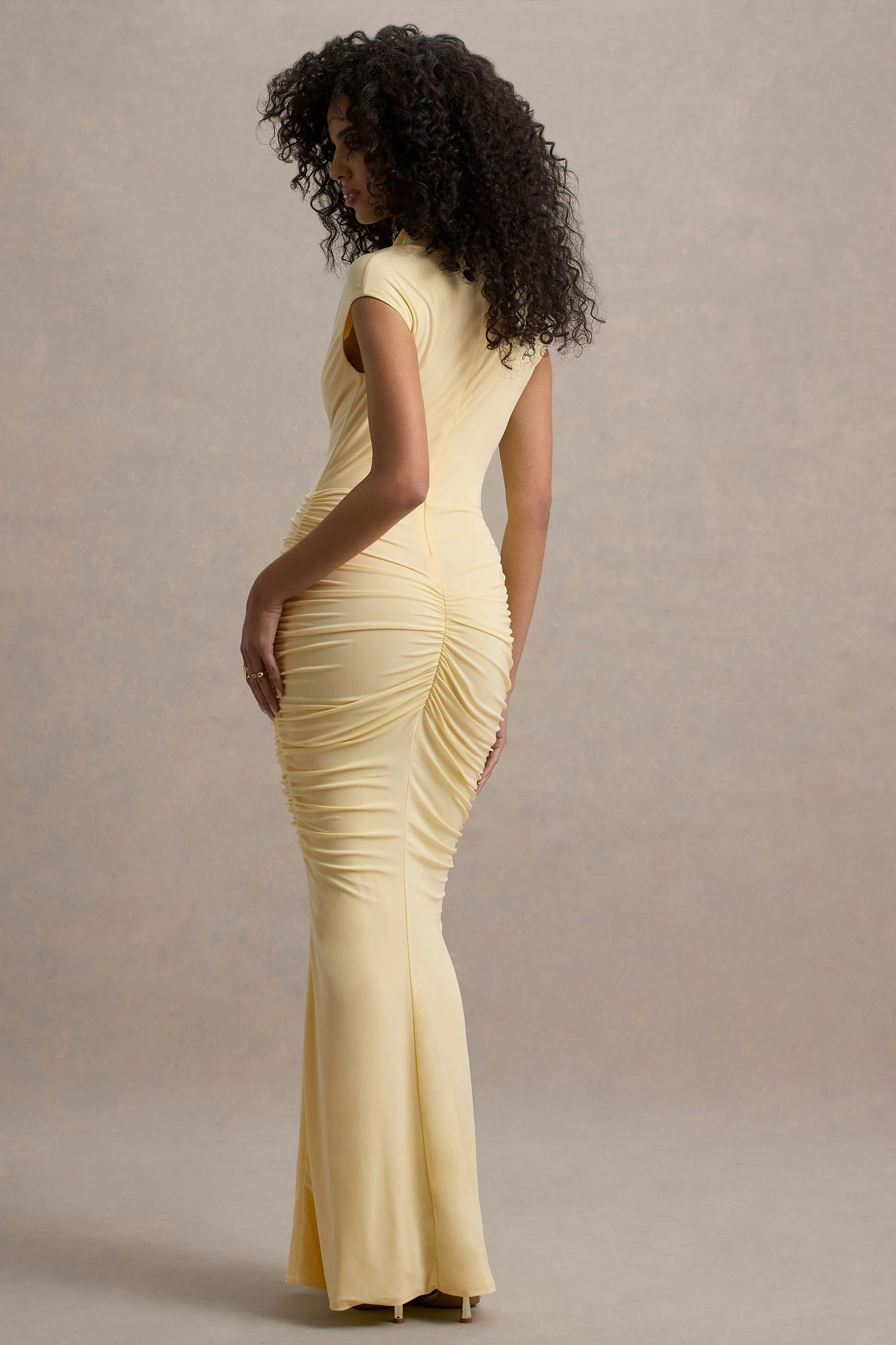 Lorenza | Pale Lemon High-Neck Ruched Maxi Dress With Draped Skirt - Image 2