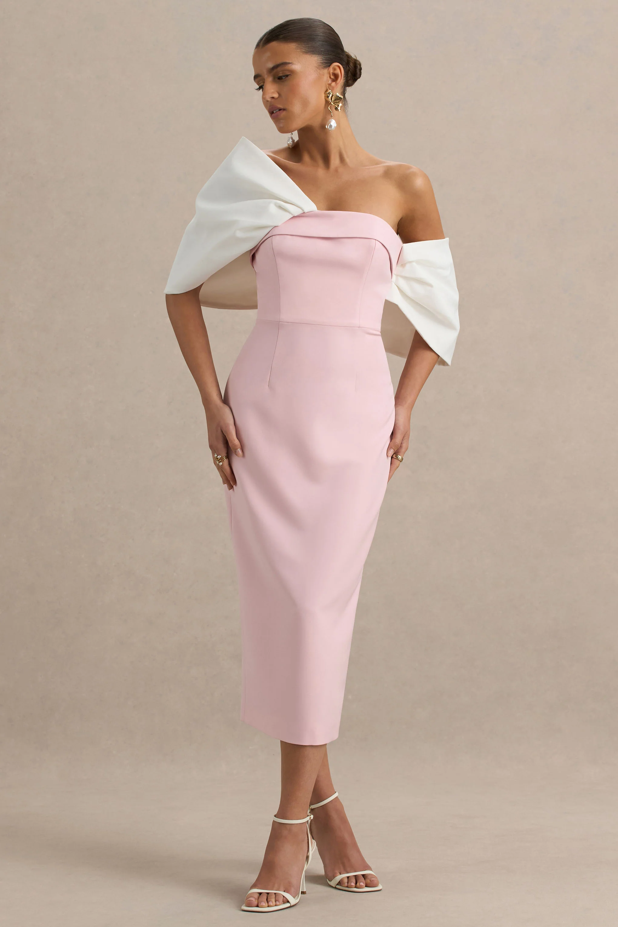 Lucille | Rose & Pink Asymmetric Bardot Midi Dress With Bow Detail - Image 3