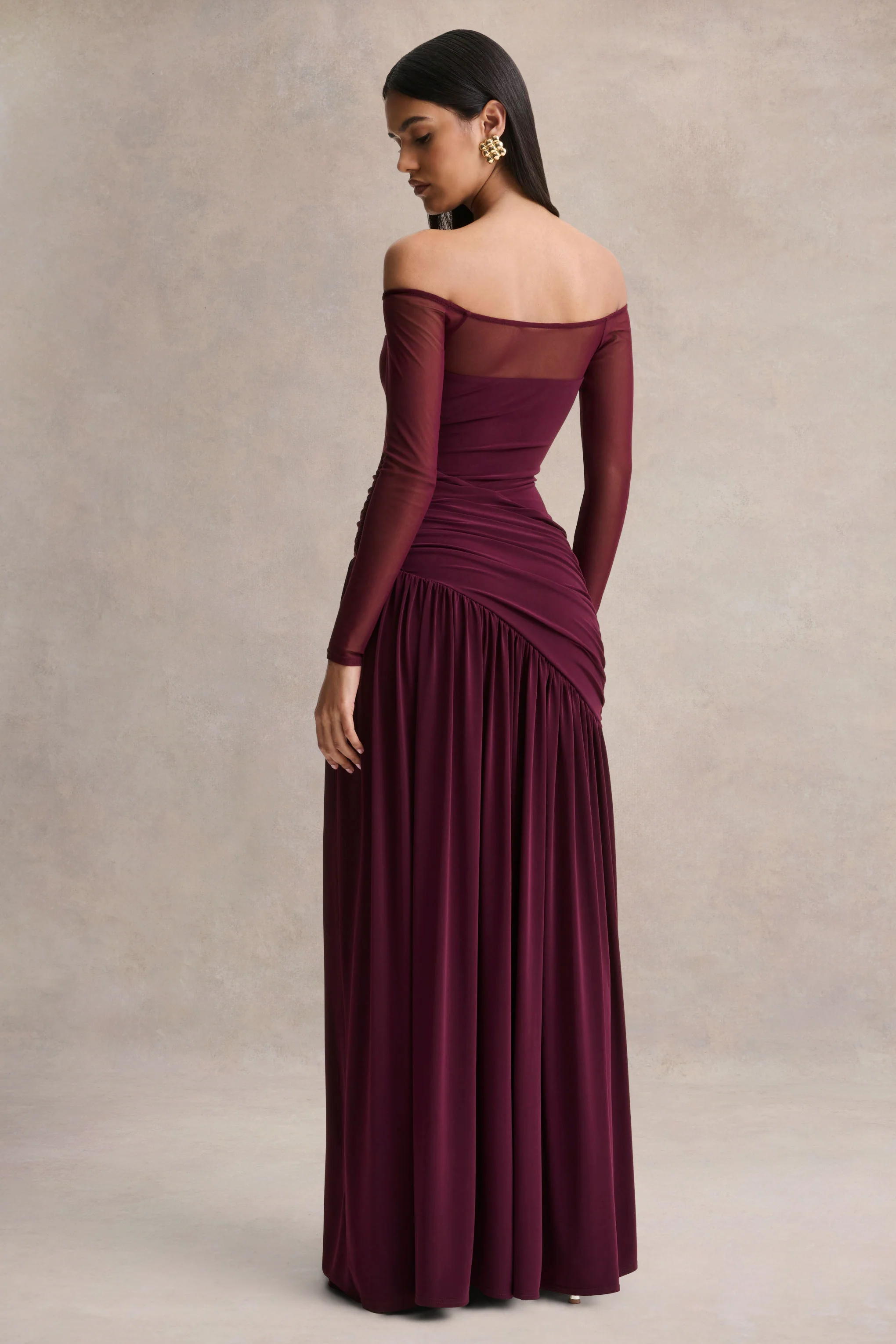 Luminary | Dark Plum Bardot-Neck Maxi Dress With Mesh Sleeves - Image 2
