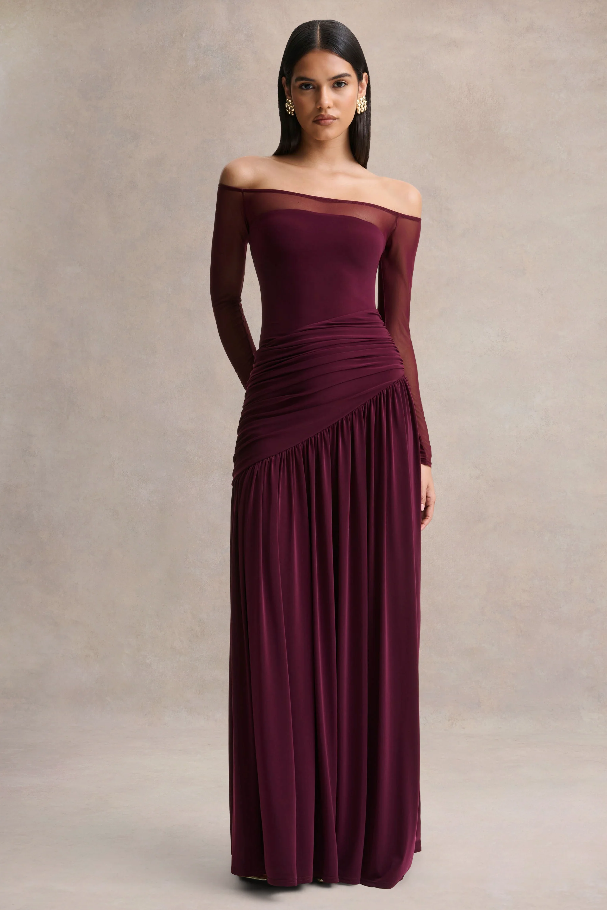 Luminary | Dark Plum Bardot-Neck Maxi Dress With Mesh Sleeves - Image 4
