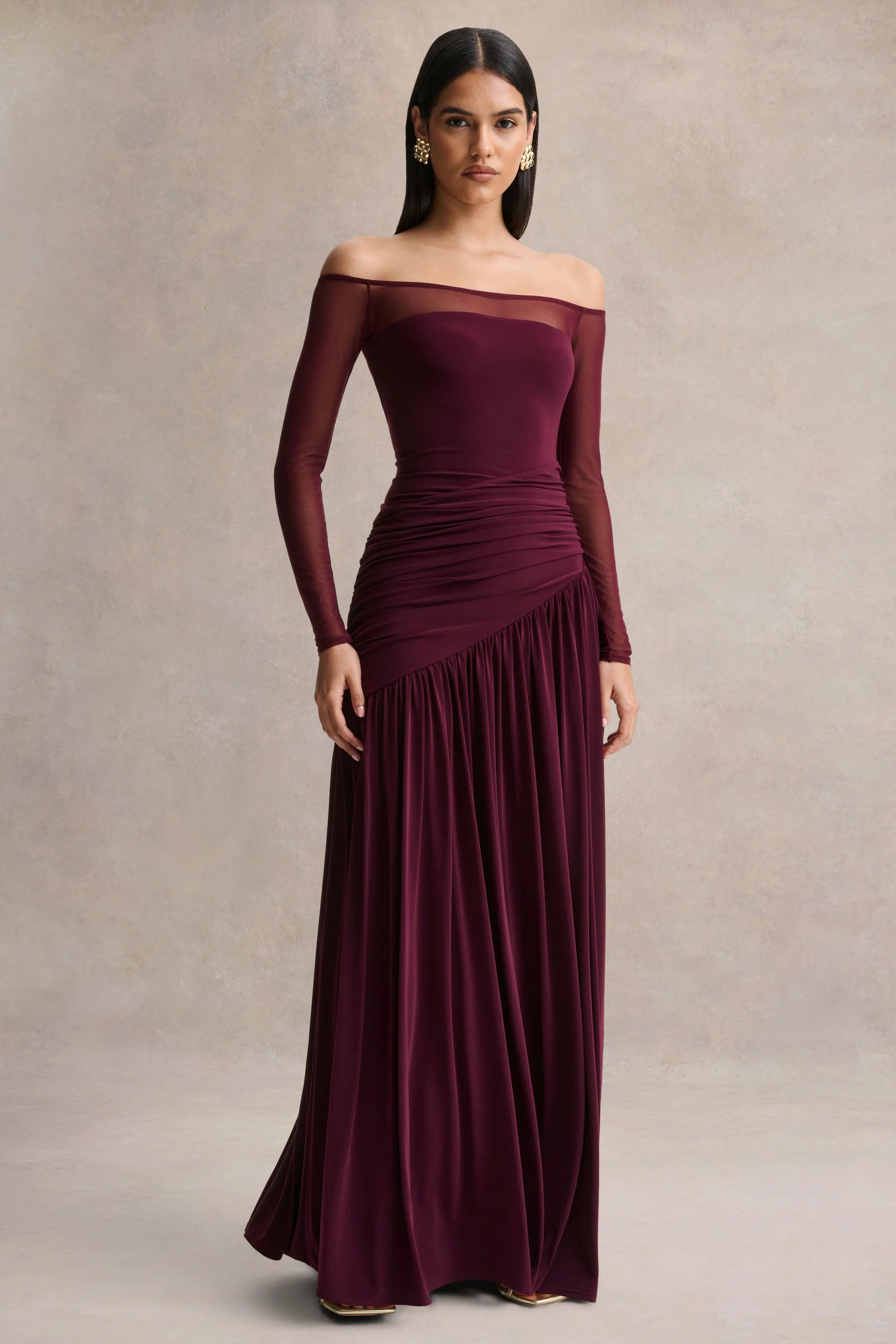 Luminary | Dark Plum Bardot-Neck Maxi Dress With Mesh Sleeves - Image 5