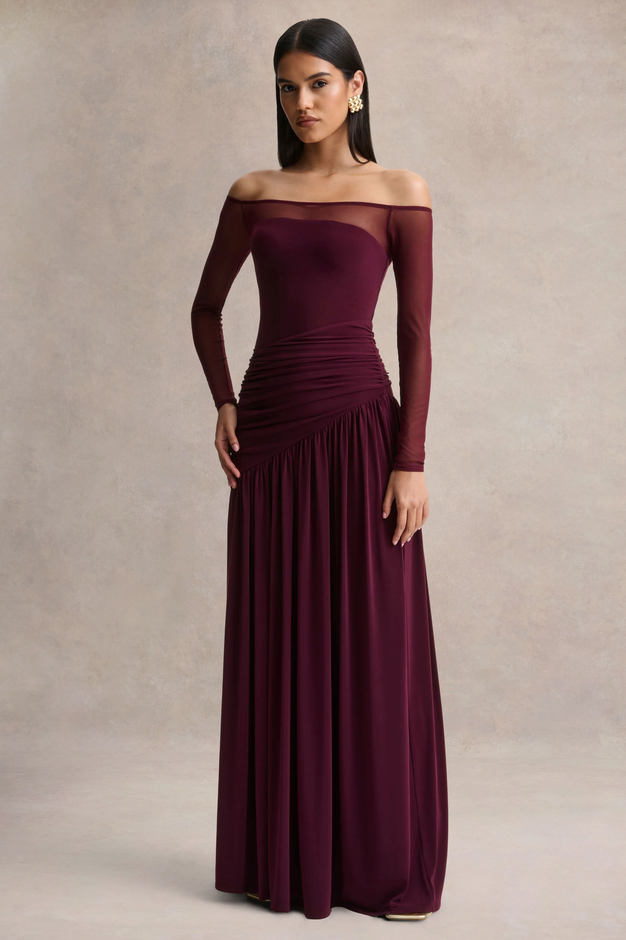Luminary | Dark Plum Bardot-Neck Maxi Dress With Mesh Sleeves - Image 6