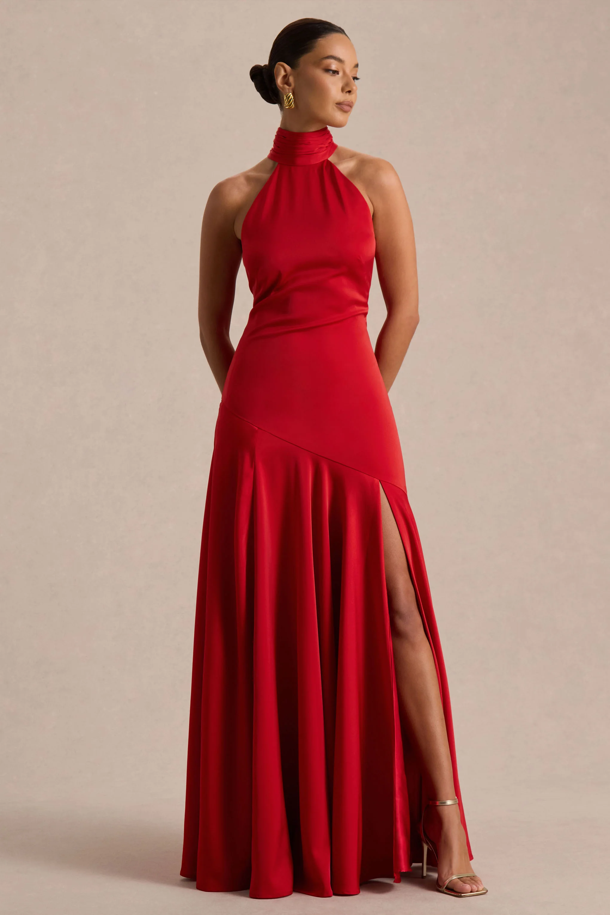 Luscious | Red High-Neck Maxi Dress With Drop-Waist And Bow Detail - Image 5