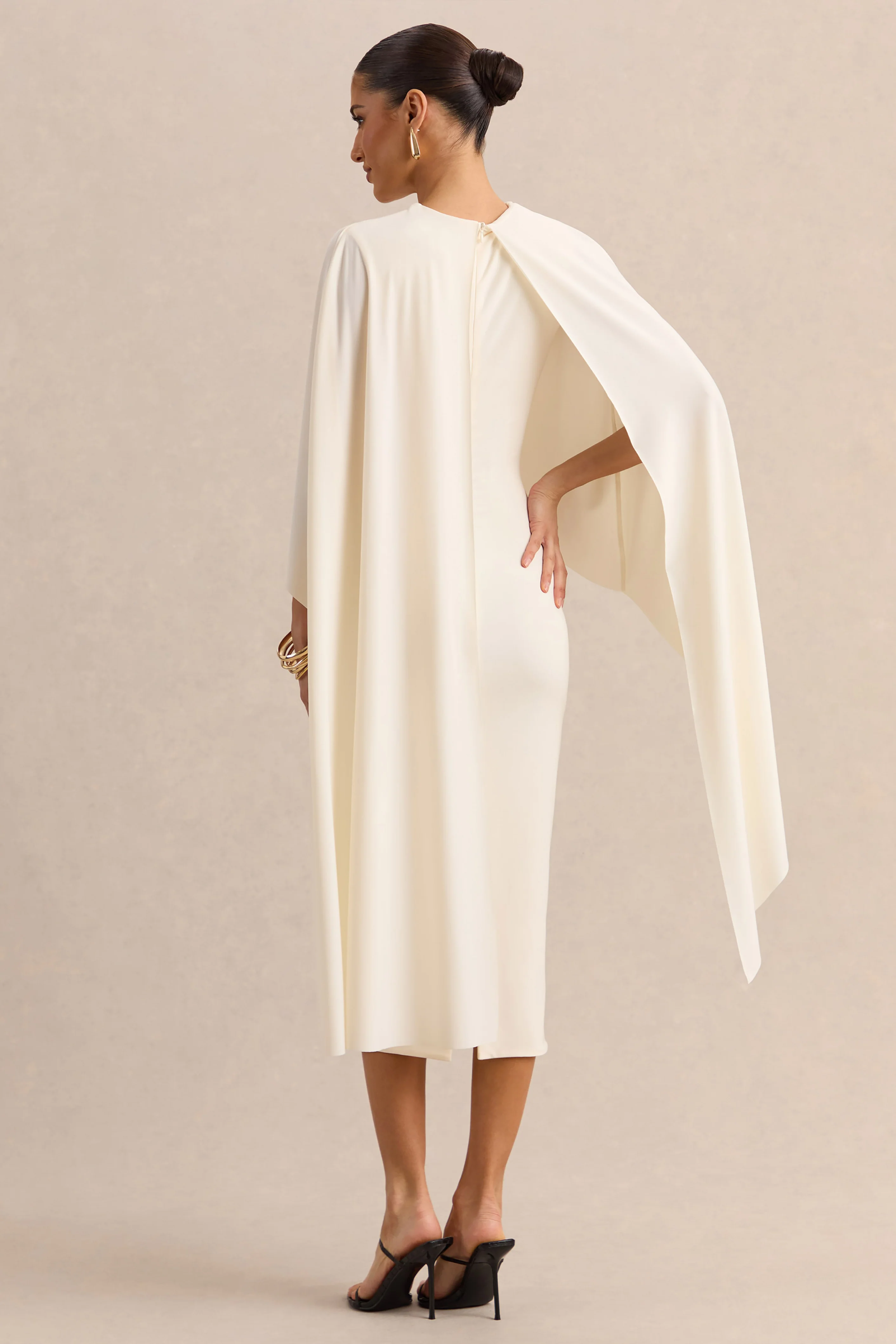 Luxalyn | Cream Round-Neck Midi Dress With Cape-Detail - Image 2