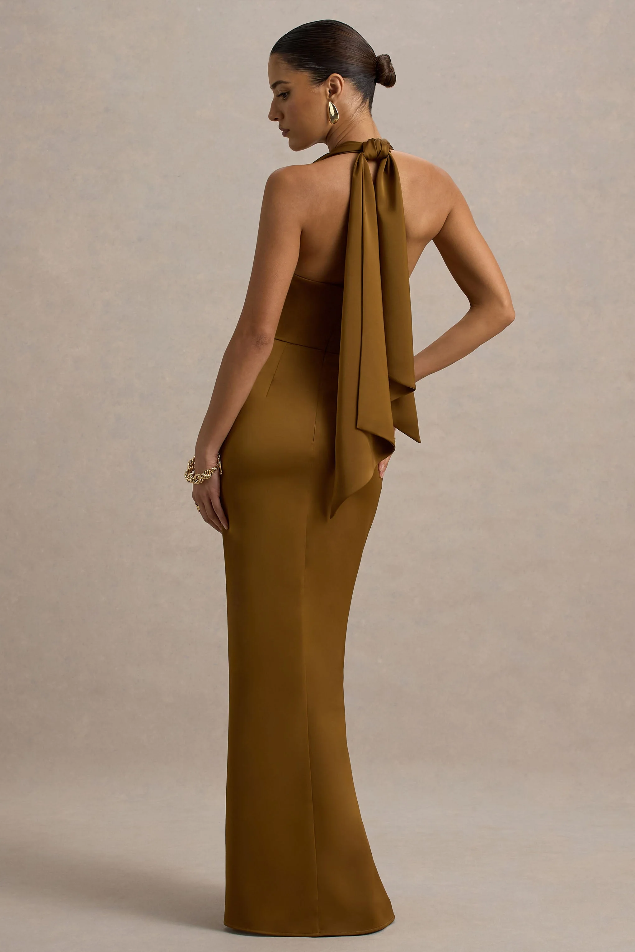 Lynette | Olive Satin Plunge-Neck Maxi Dress With Asymmetric Hem - Image 2