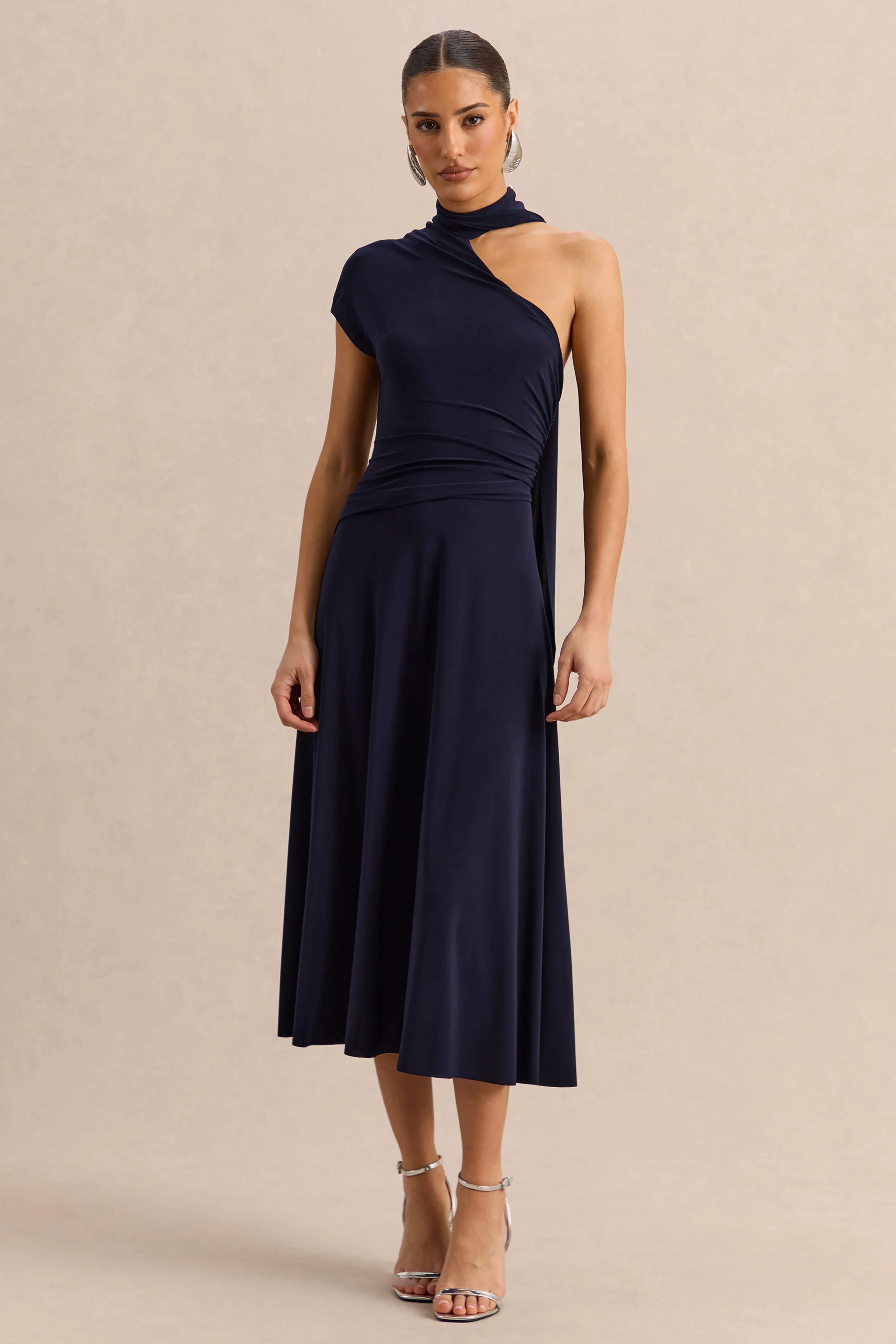 Lythara | Navy Asymmetric-Neck Midi Dress With Scarf-Detail