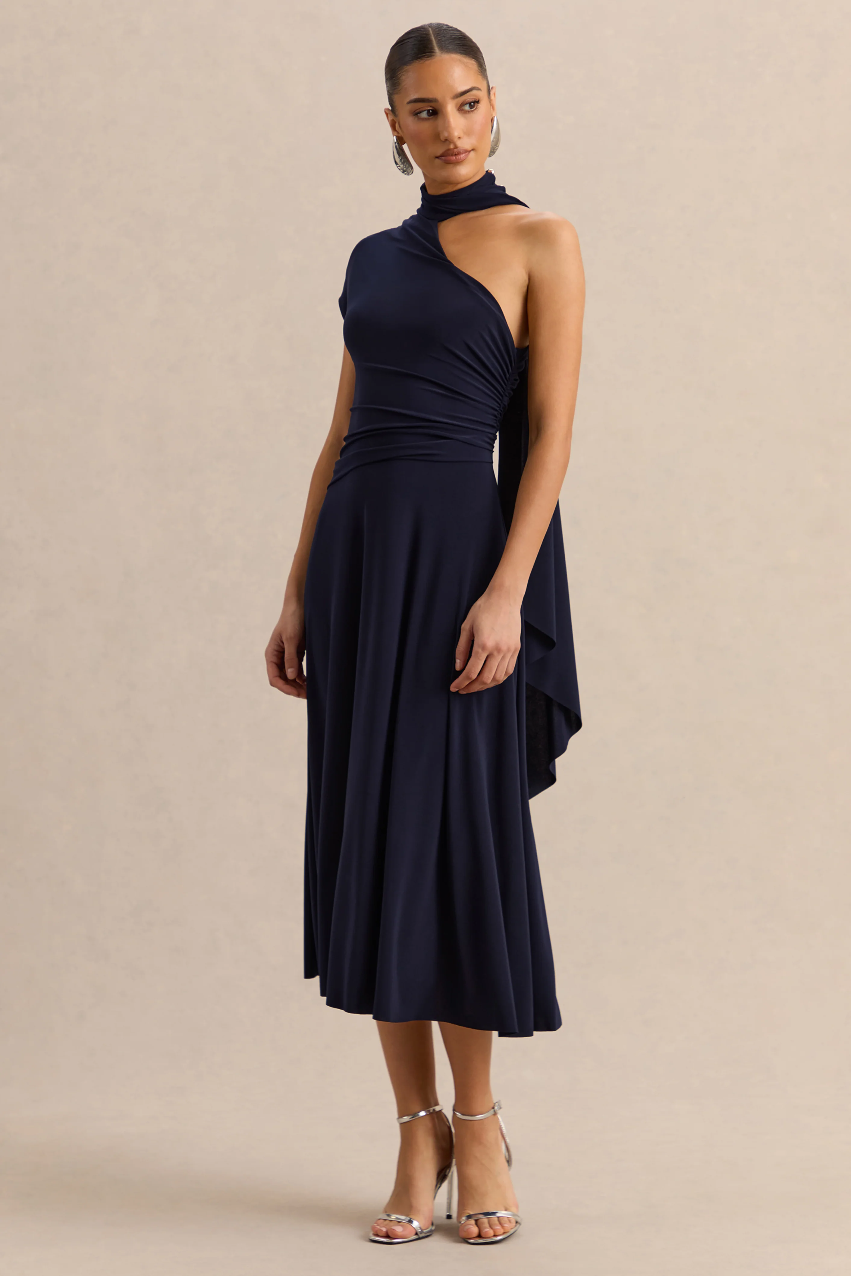Lythara | Navy Asymmetric-Neck Midi Dress With Scarf-Detail - Image 5