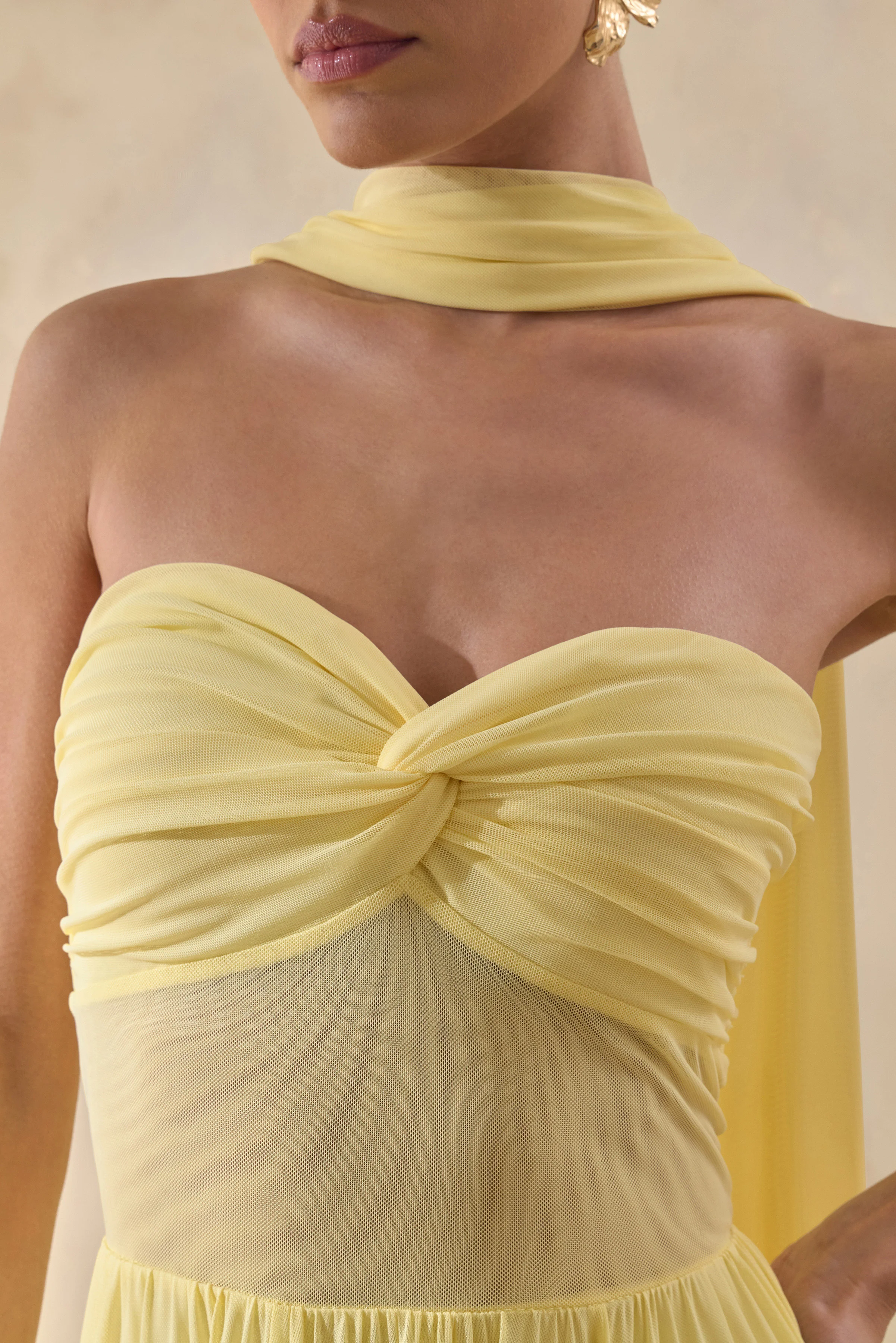 Lyvoria | Lemon Bandeau Maxi Dress With Mesh-Detail And Scarf - Image 6