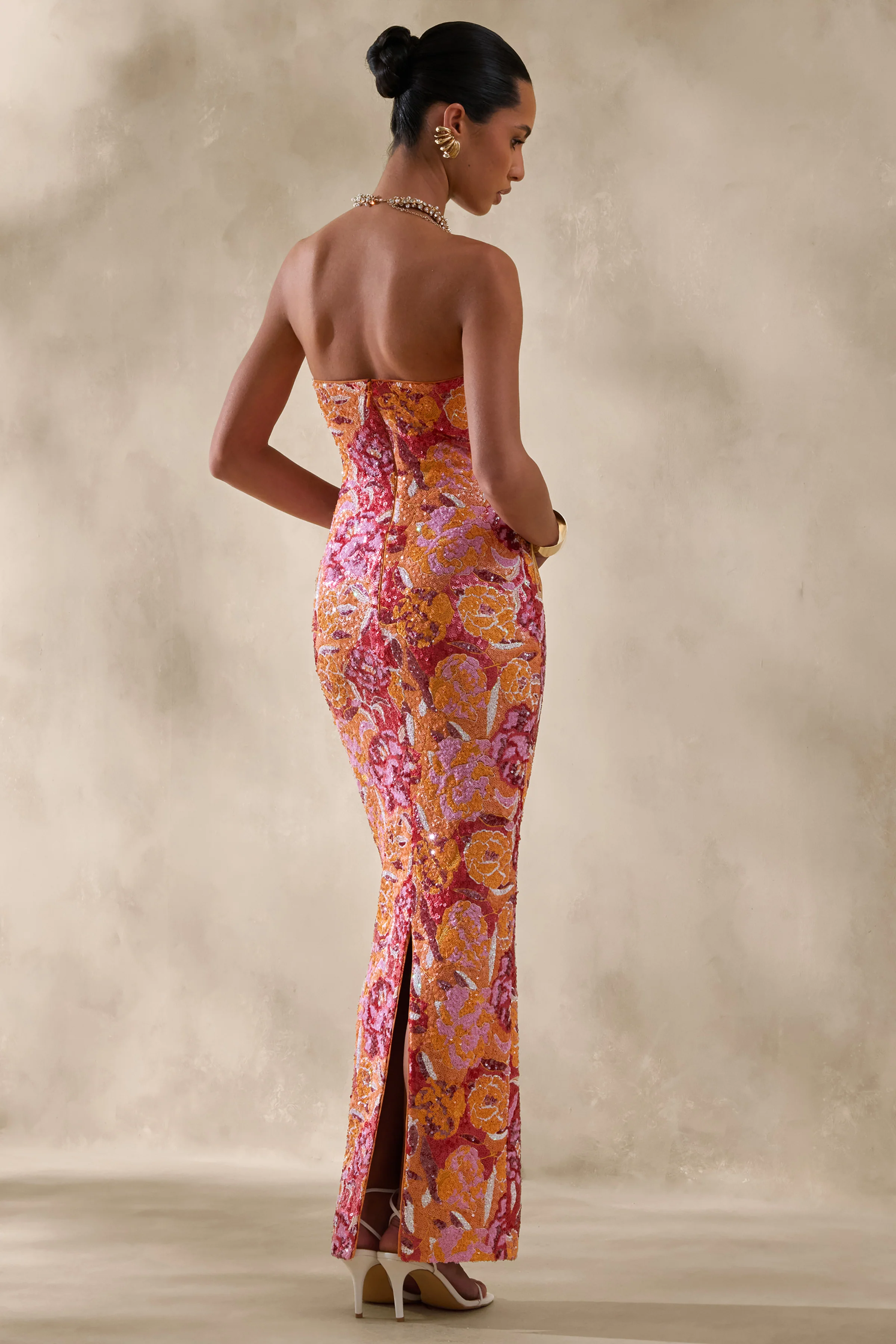 Mabel | Orange Floral Sequin Bandeau-Neck Maxi Dress - Image 3