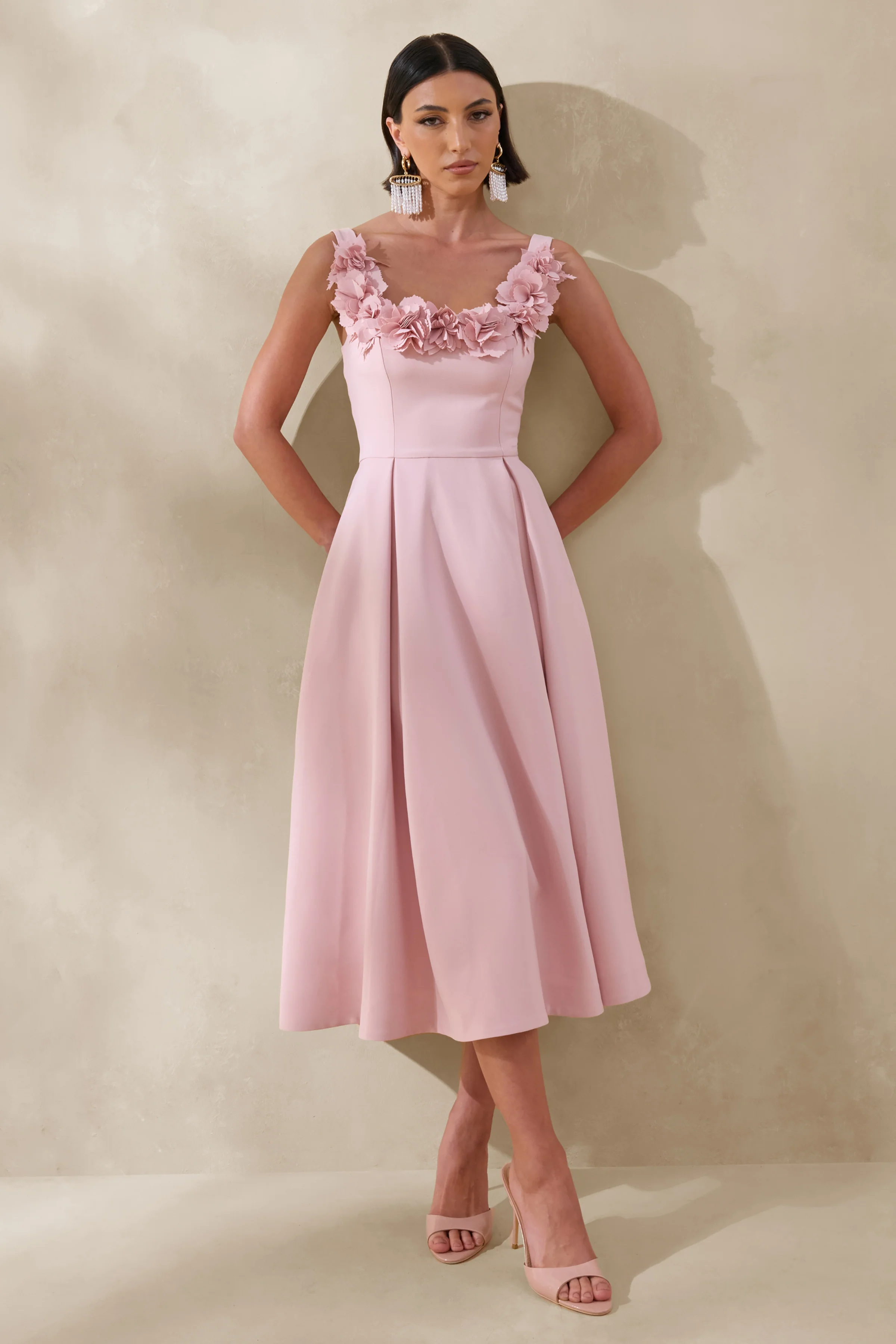 Maelle | Pink Scoop-Neck Midi Dress With Corsage Detailing - Image 2