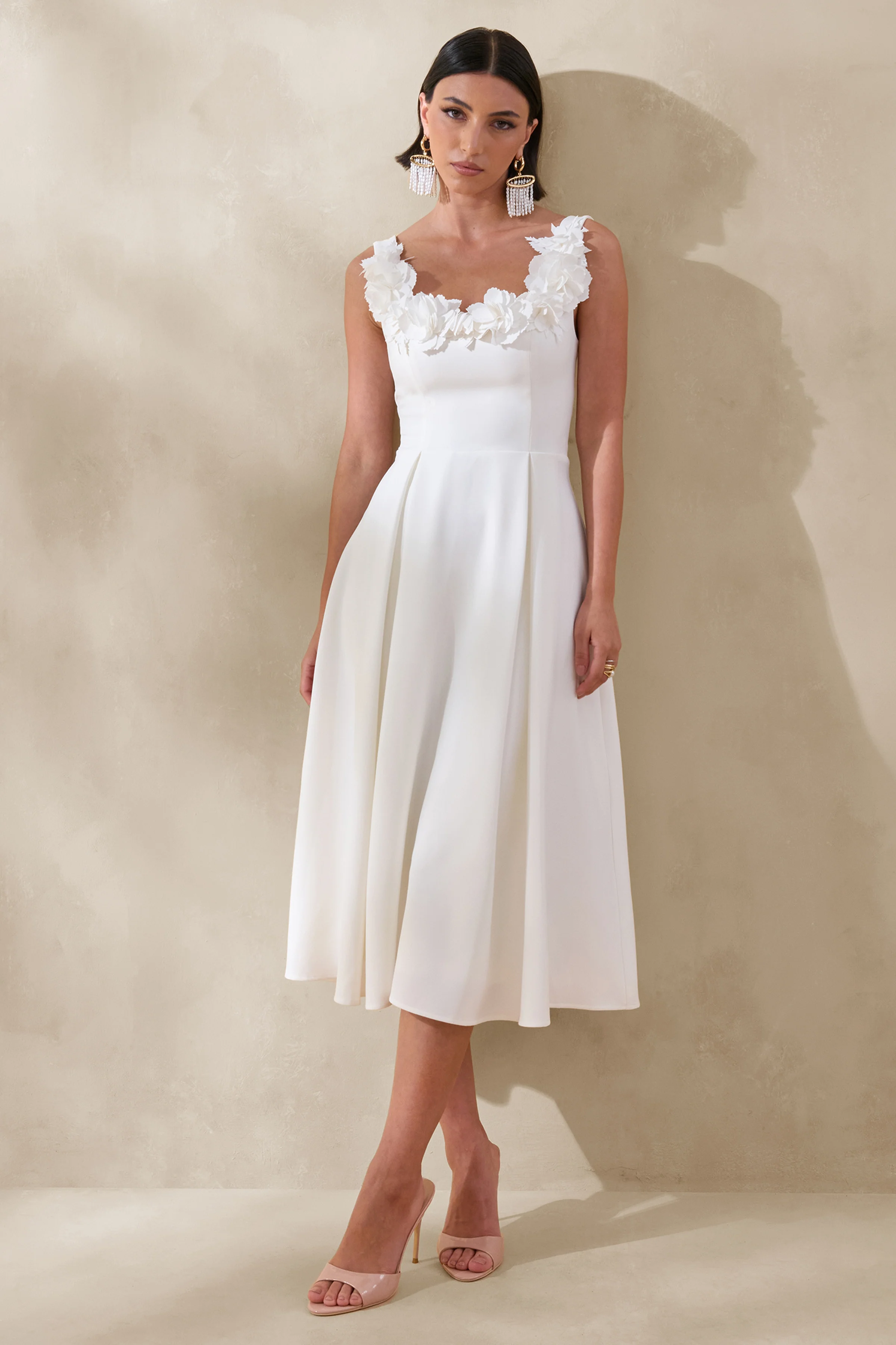 Maelle | White Scoop-Neck Midi Dress With Corsage Detailing