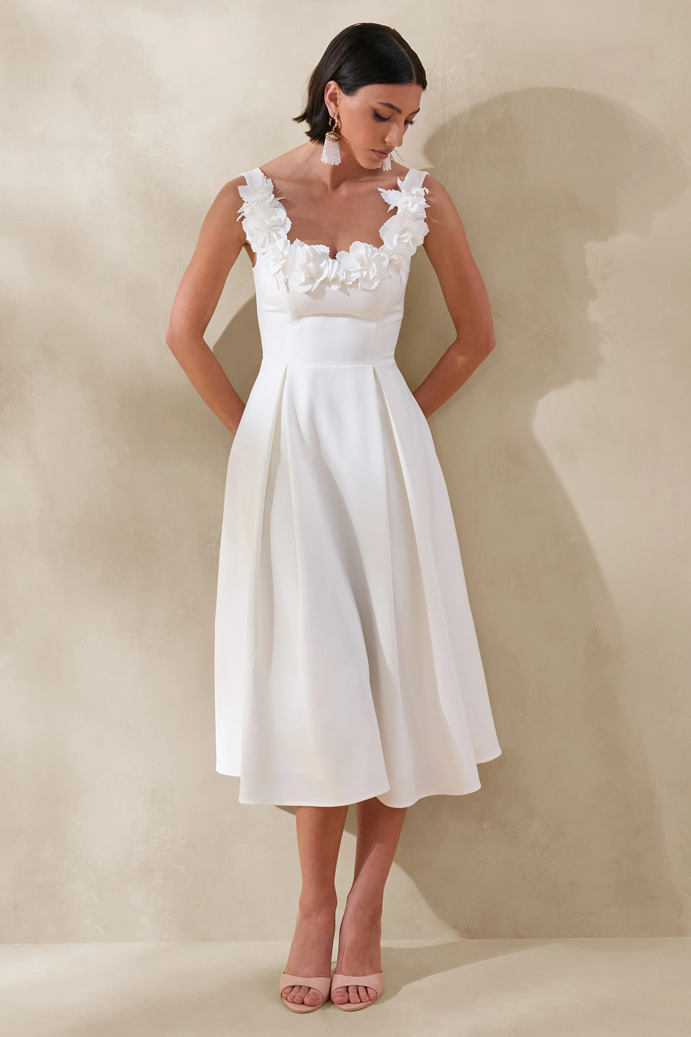 Maelle | White Scoop-Neck Midi Dress With Corsage Detailing - Image 4
