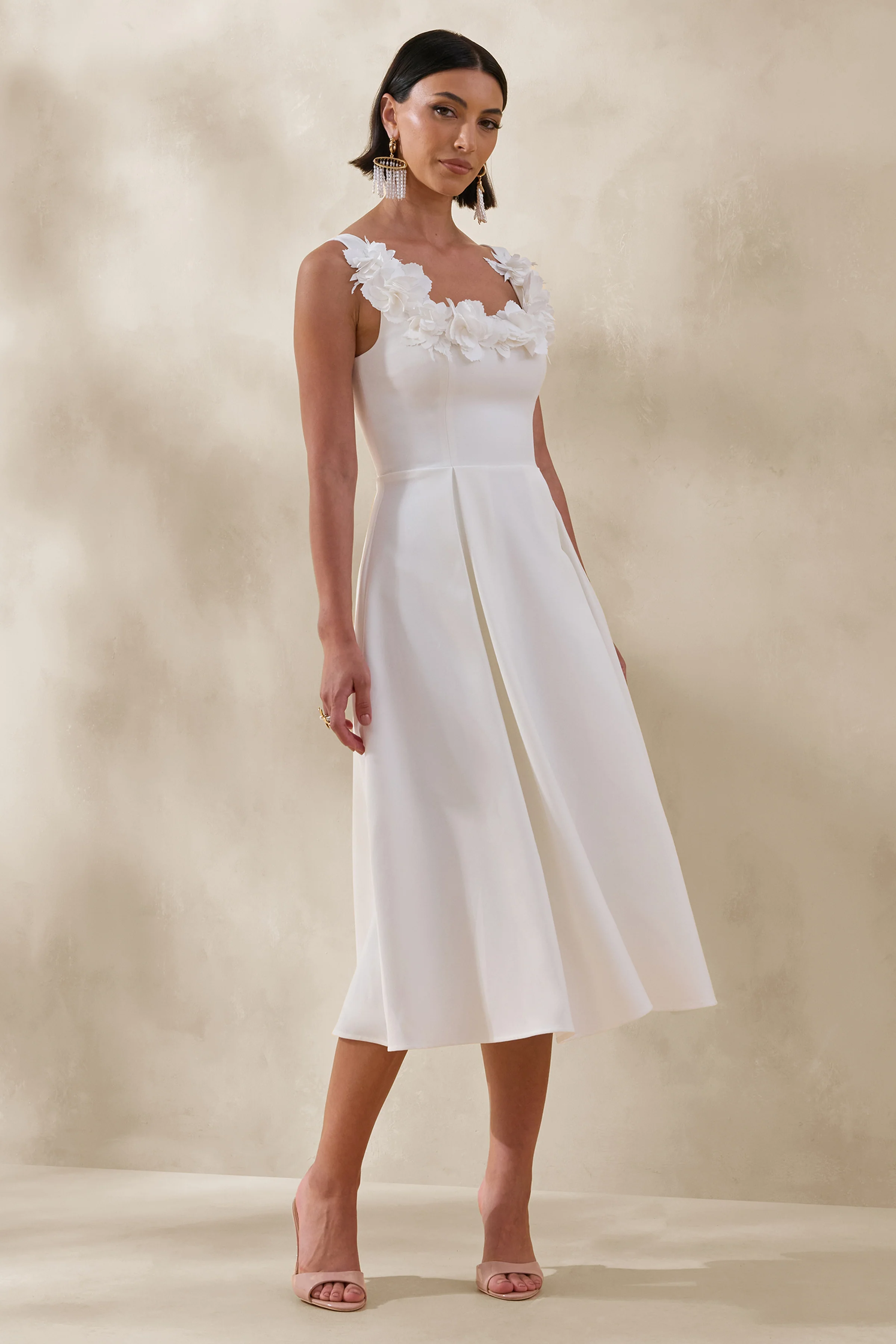 Maelle | White Scoop-Neck Midi Dress With Corsage Detailing - Image 5