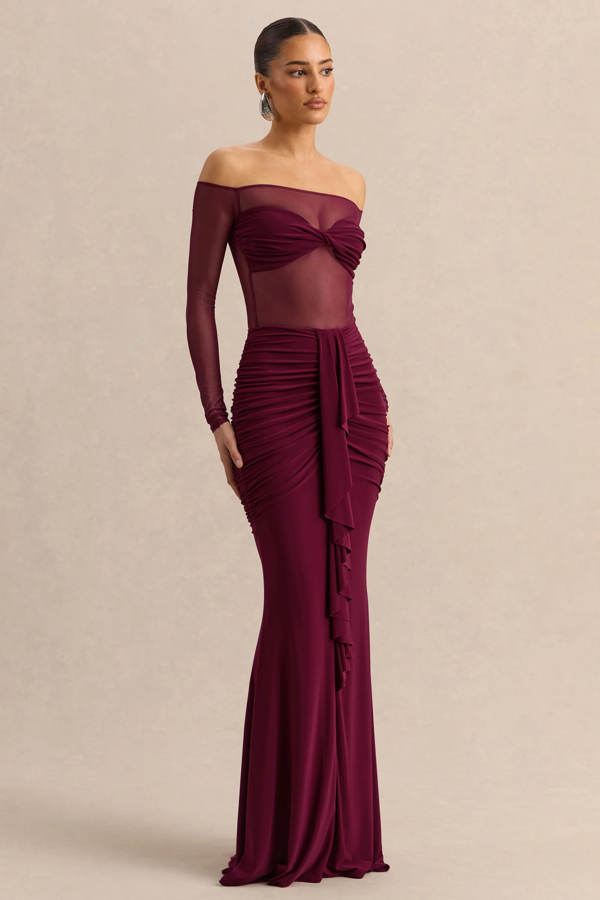 Maira | Burgundy Mesh Bardot-Neck Bodysuit - Image 4