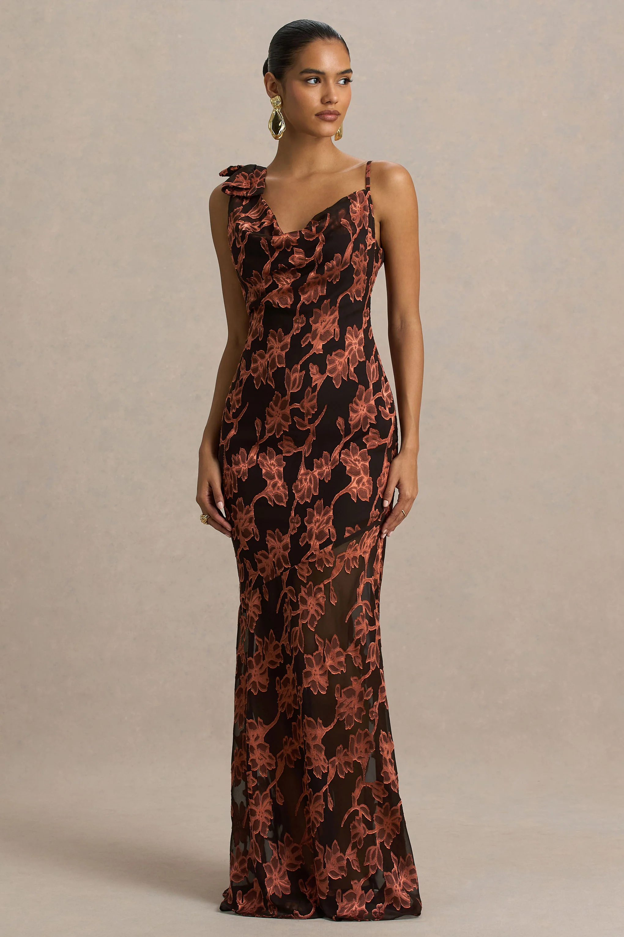 Mar | Black And Rust Cowl-Neck Maxi Dress With Bow Detail - Image 4
